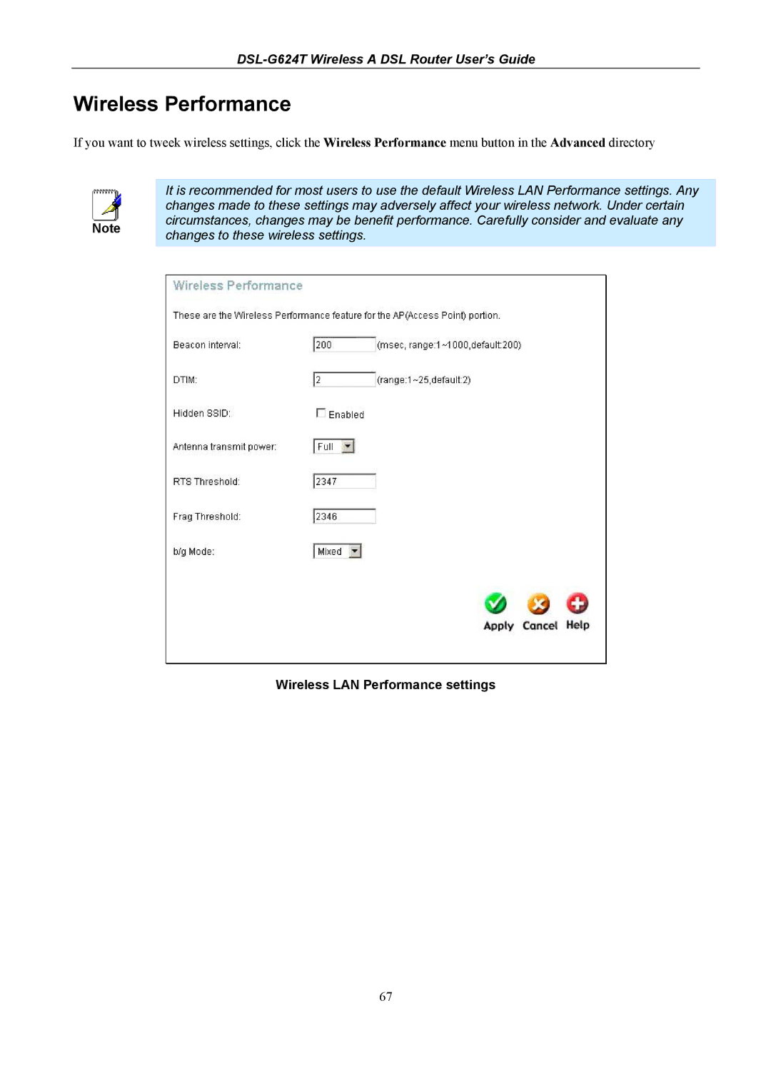 D-Link D-Link Wireless ADSL Router, DSL-G624T manual Wireless Performance, Wireless LAN Performance settings 