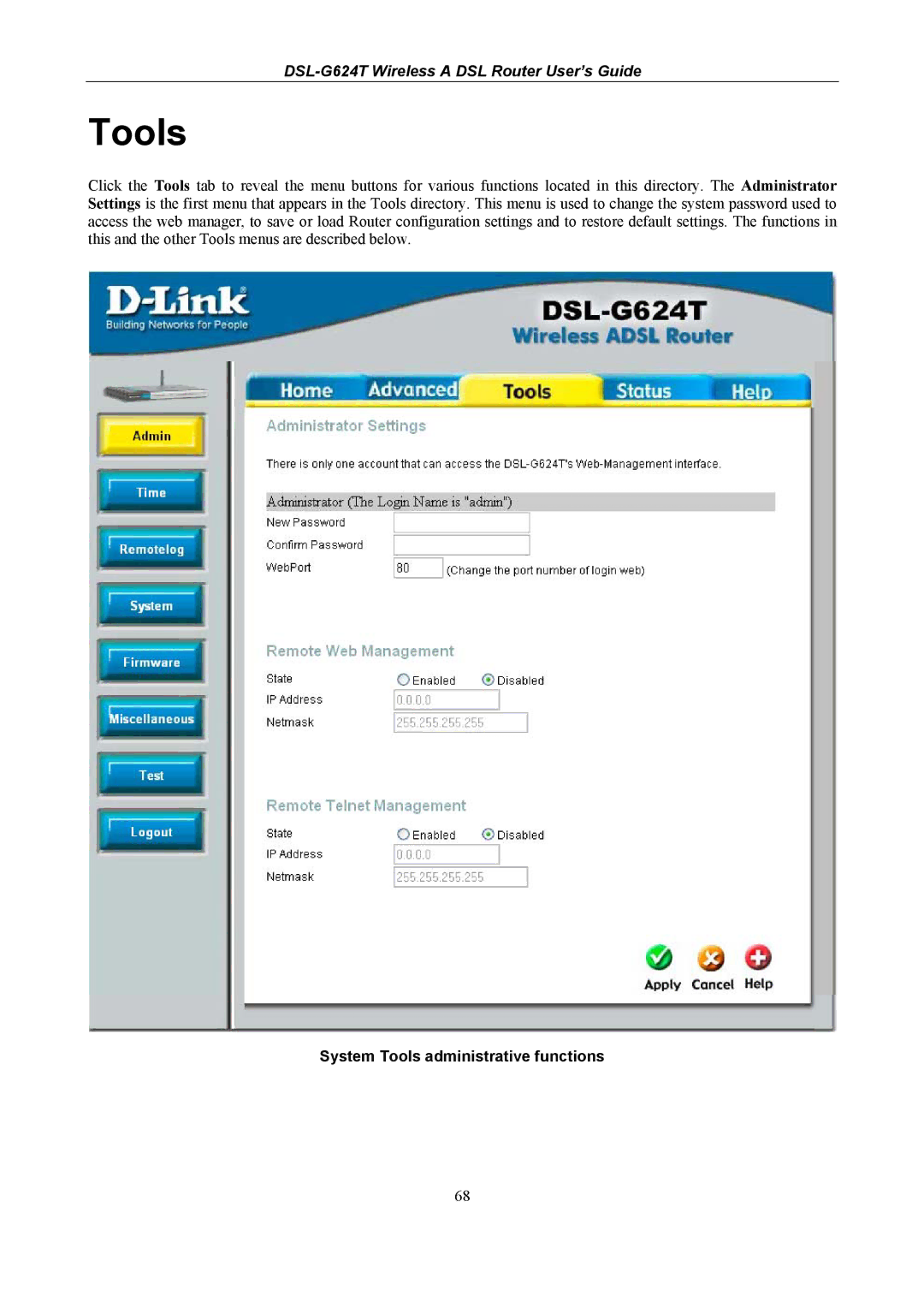 D-Link DSL-G624T, D-Link Wireless ADSL Router manual System Tools administrative functions 