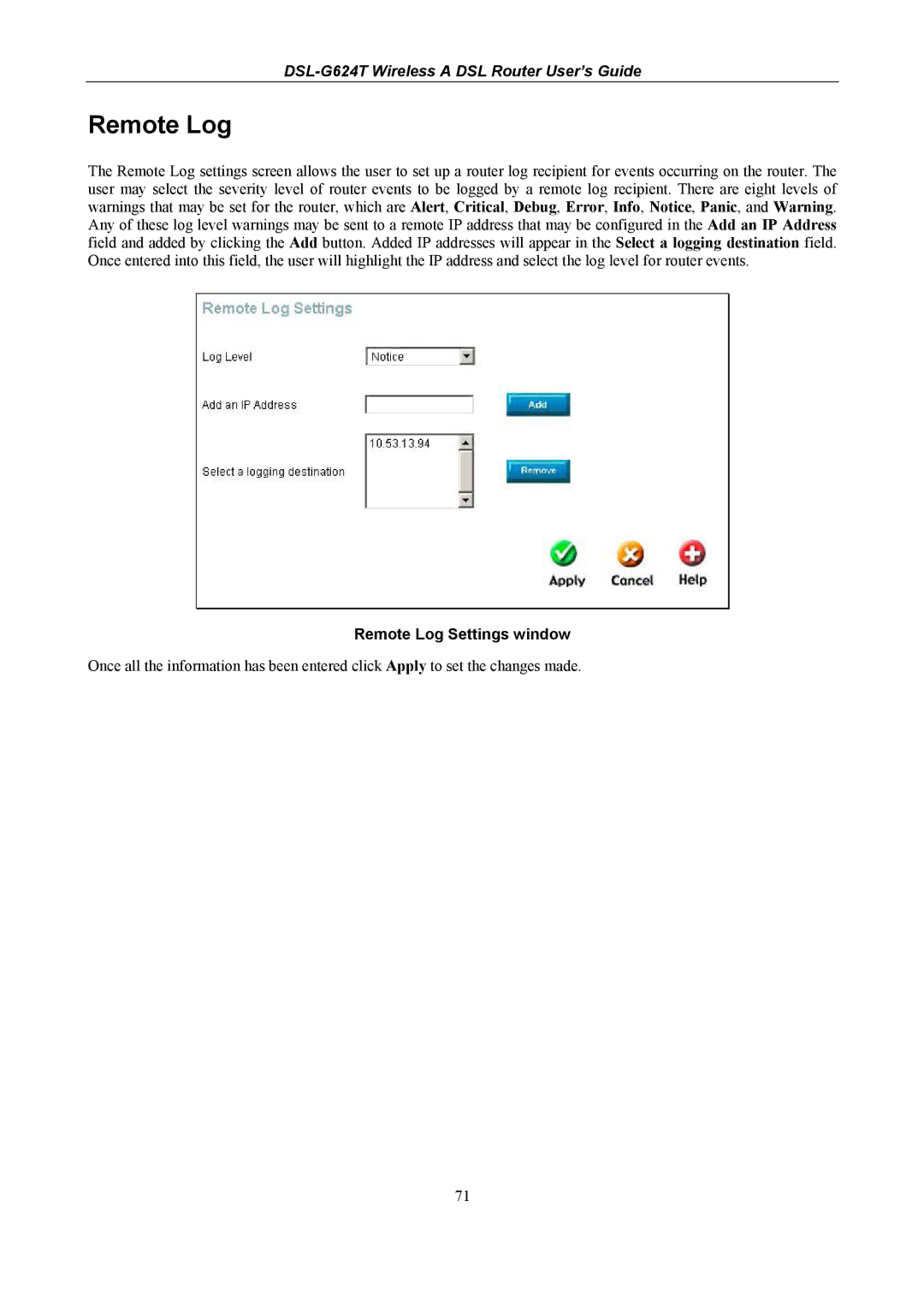 D-Link D-Link Wireless ADSL Router, DSL-G624T manual Remote Log Settings window 