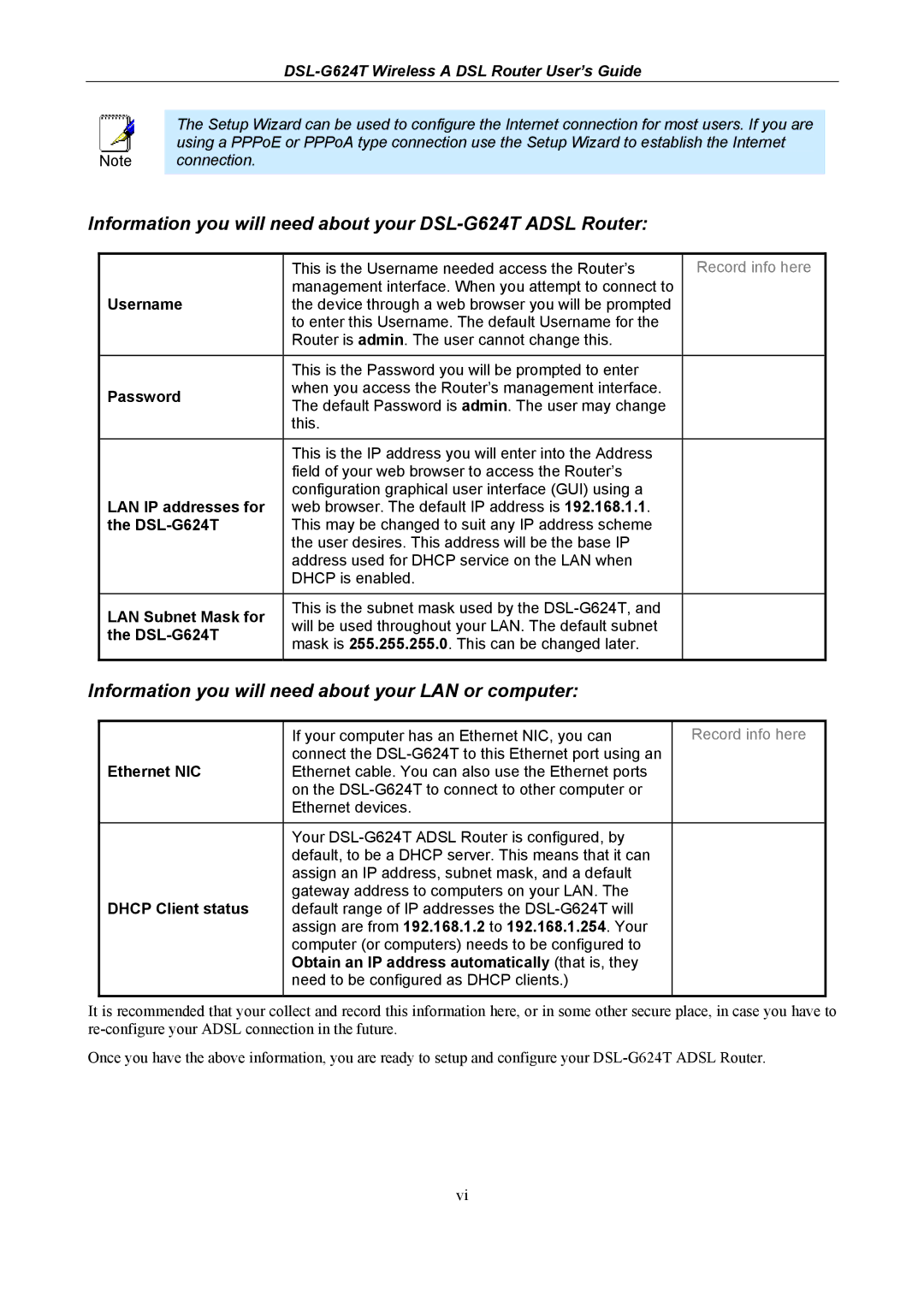 D-Link DSL-G624T, D-Link Wireless ADSL Router LAN IP addresses for, LAN Subnet Mask for, Ethernet NIC, Dhcp Client status 