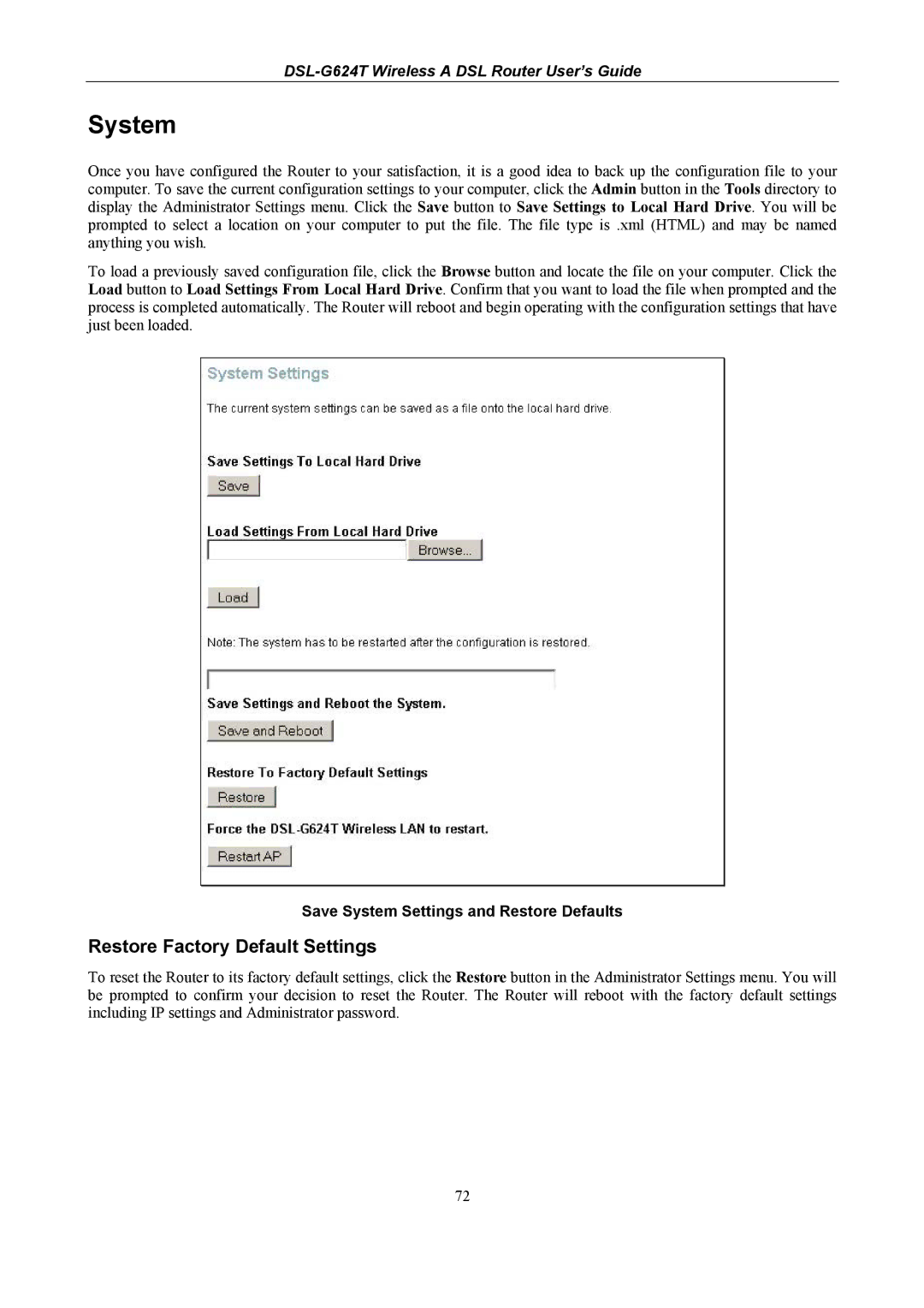 D-Link DSL-G624T manual Restore Factory Default Settings, Save System Settings and Restore Defaults 