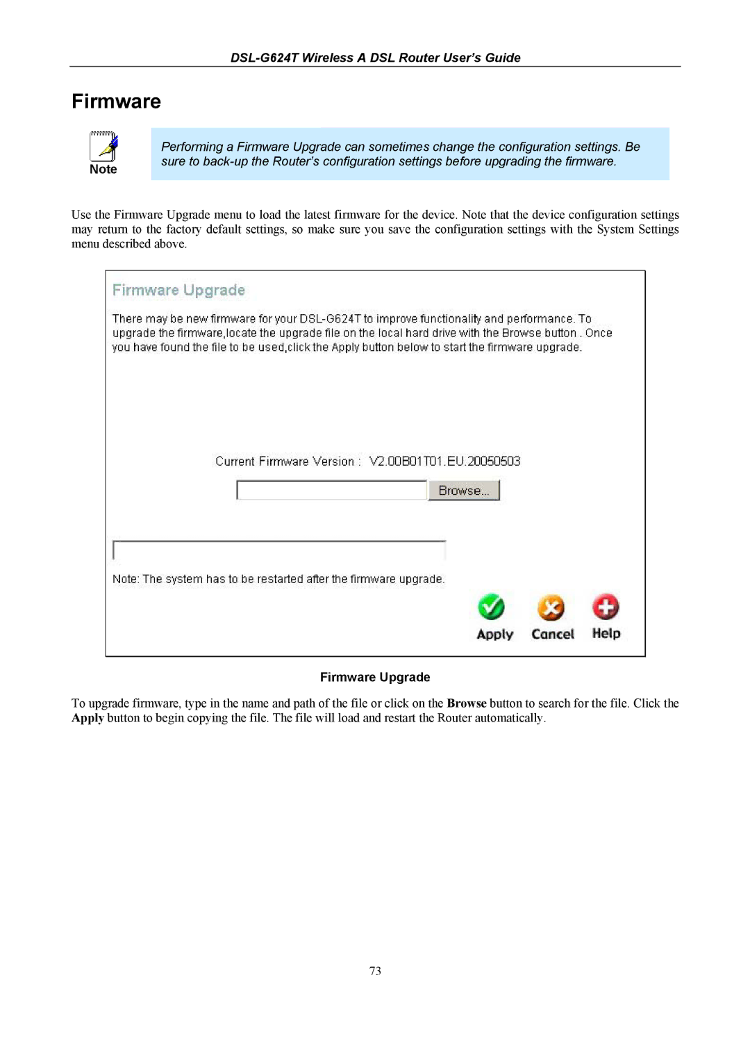 D-Link D-Link Wireless ADSL Router, DSL-G624T manual Firmware Upgrade 