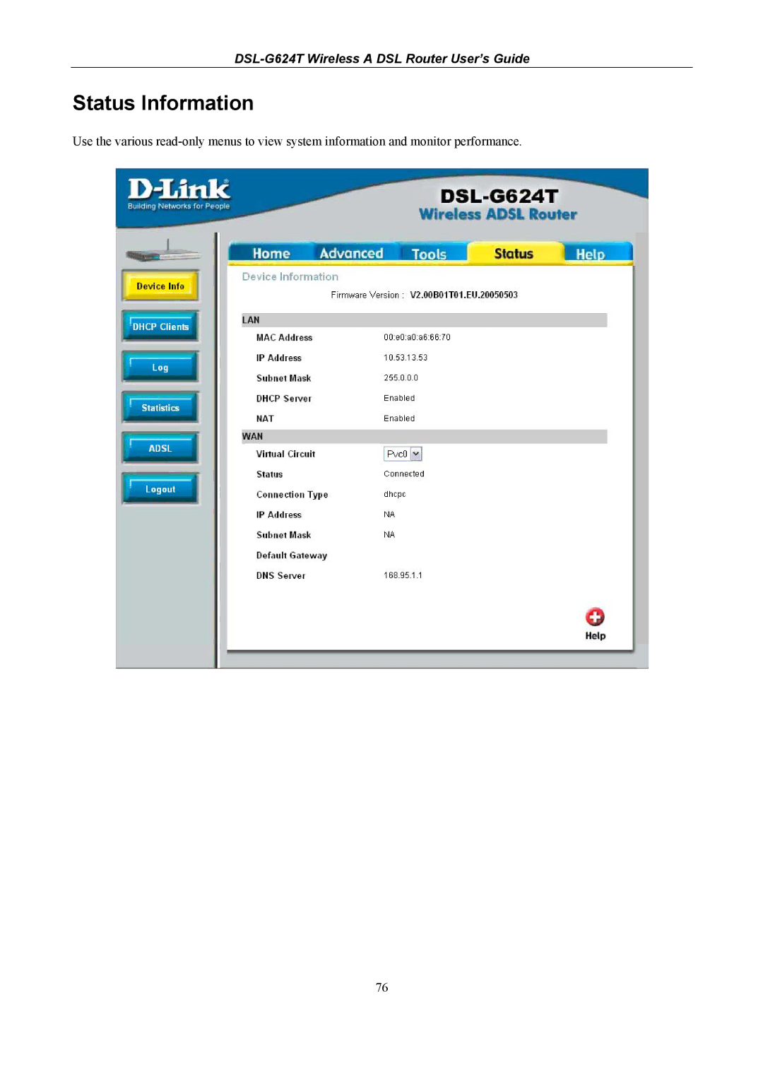 D-Link DSL-G624T, D-Link Wireless ADSL Router manual Status Information 