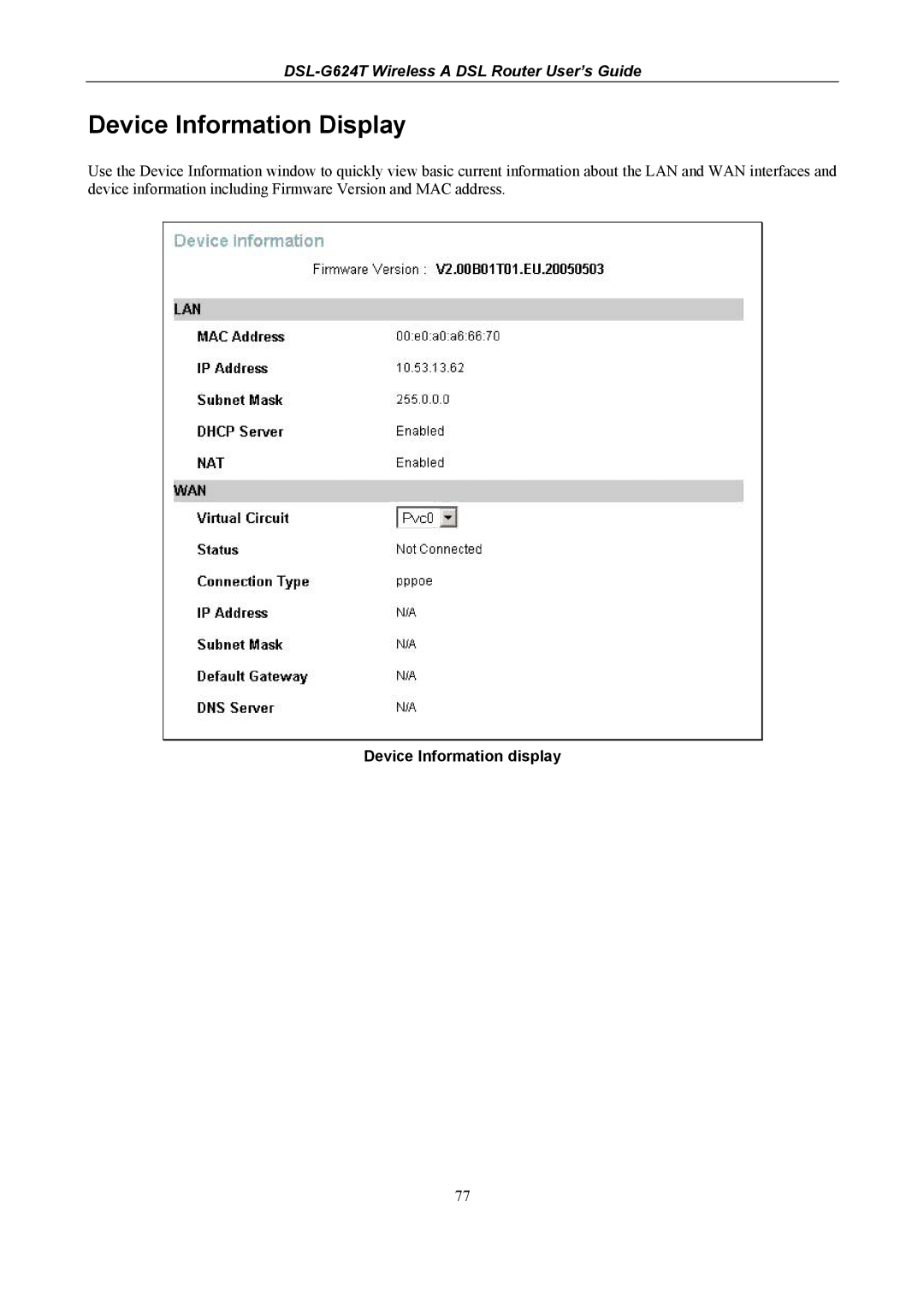 D-Link D-Link Wireless ADSL Router, DSL-G624T manual Device Information Display, Device Information display 