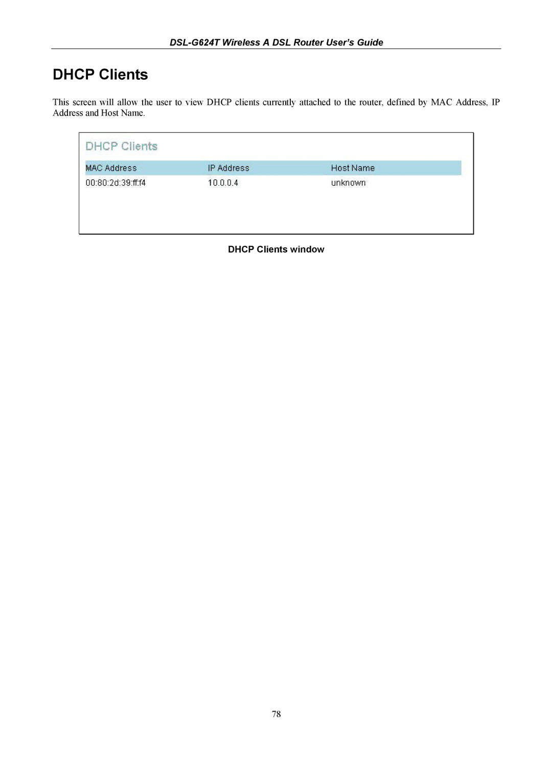 D-Link DSL-G624T, D-Link Wireless ADSL Router manual Dhcp Clients window 