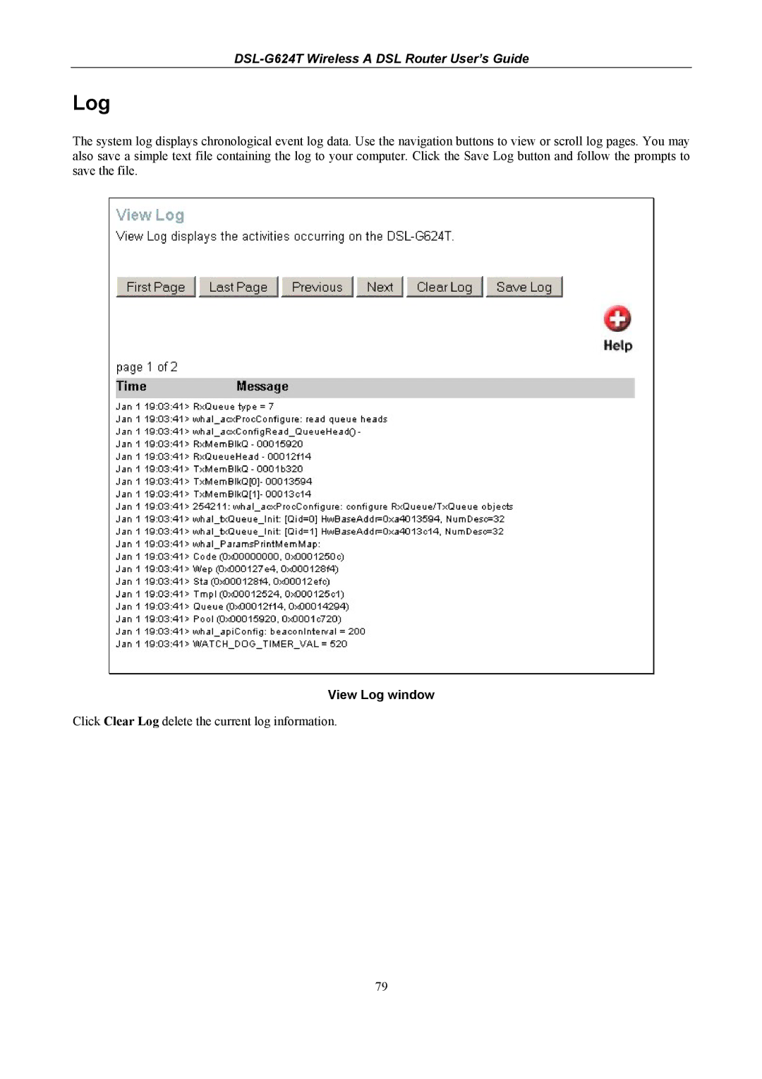 D-Link D-Link Wireless ADSL Router, DSL-G624T manual View Log window 