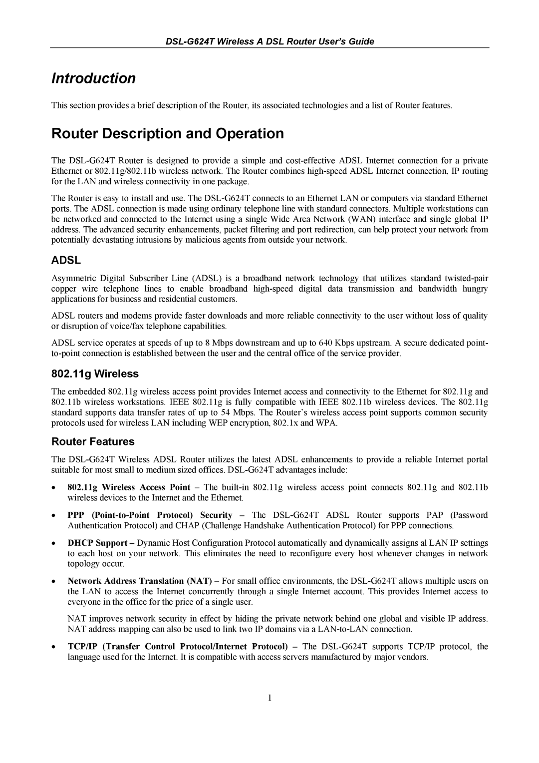 D-Link D-Link Wireless ADSL Router manual Introduction, Router Description and Operation, 802.11g Wireless, Router Features 