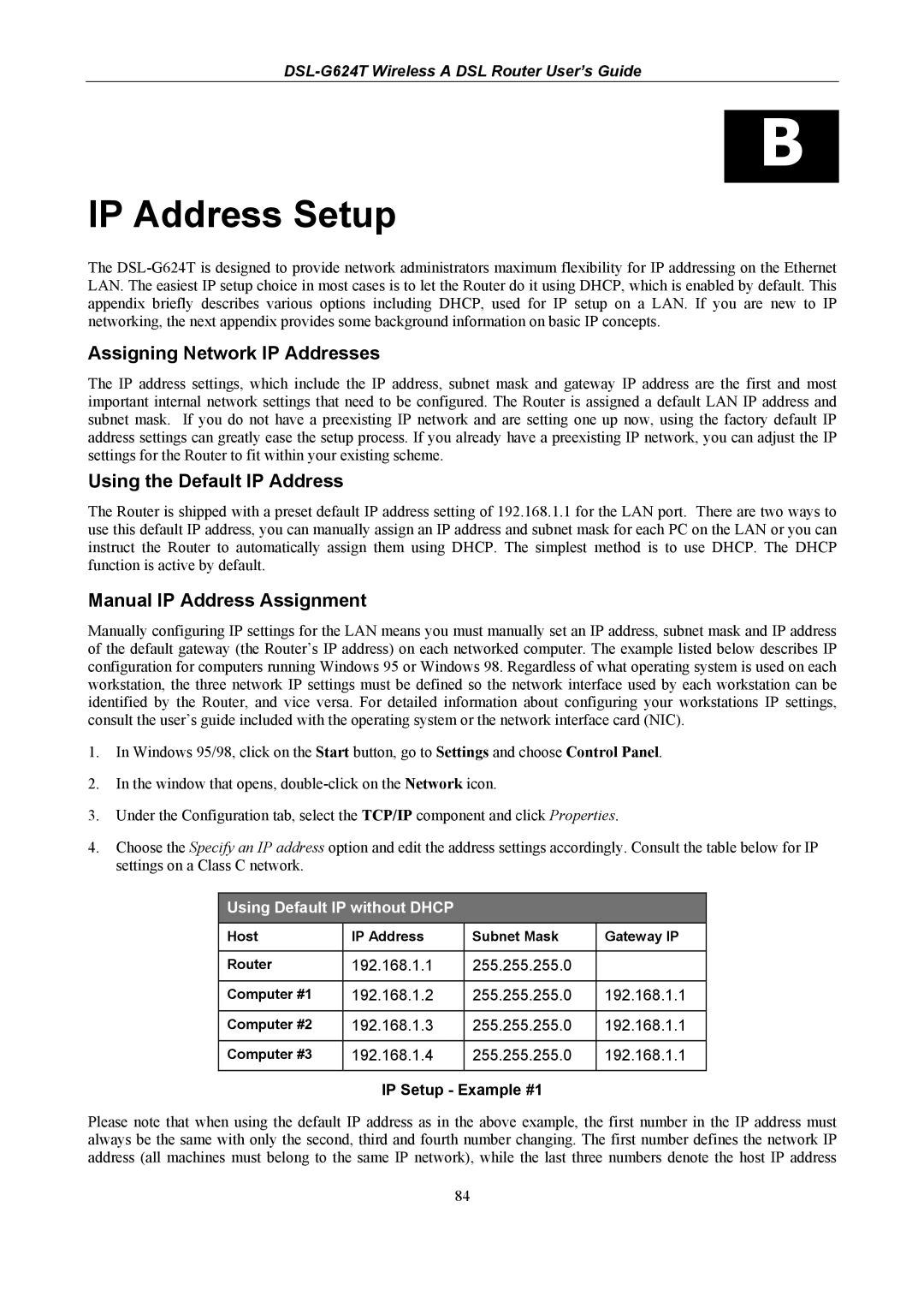 D-Link DSL-G624T manual IP Address Setup, Assigning Network IP Addresses, Using the Default IP Address, IP Setup Example #1 