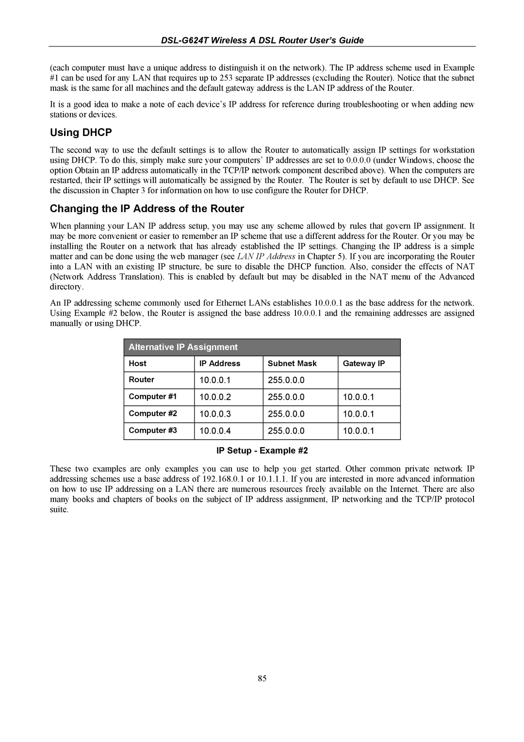 D-Link D-Link Wireless ADSL Router, DSL-G624T manual Using Dhcp, Changing the IP Address of the Router, IP Setup Example #2 