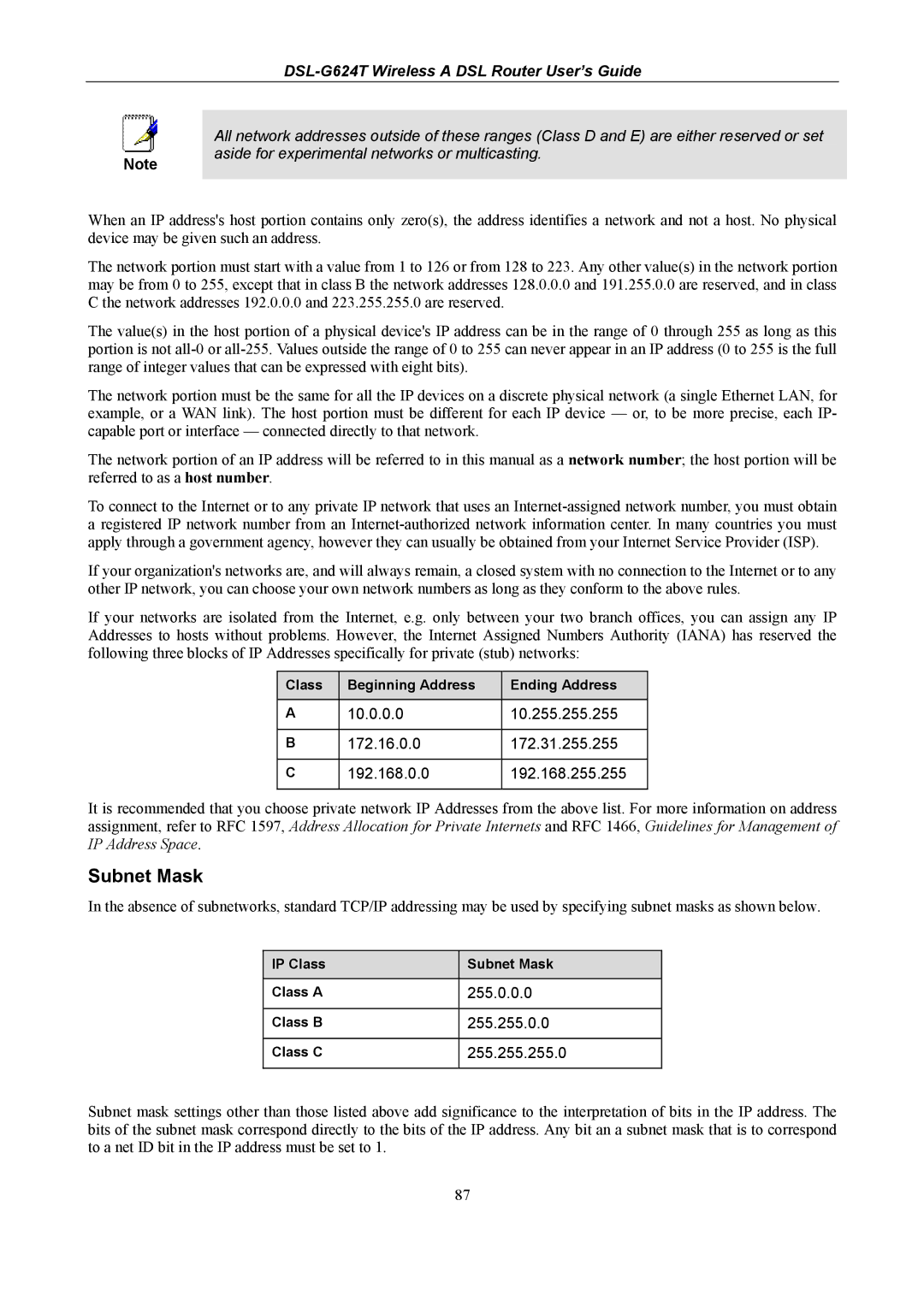 D-Link D-Link Wireless ADSL Router, DSL-G624T manual Subnet Mask, 255.0.0.0 255.255.0.0 255.255.255.0 