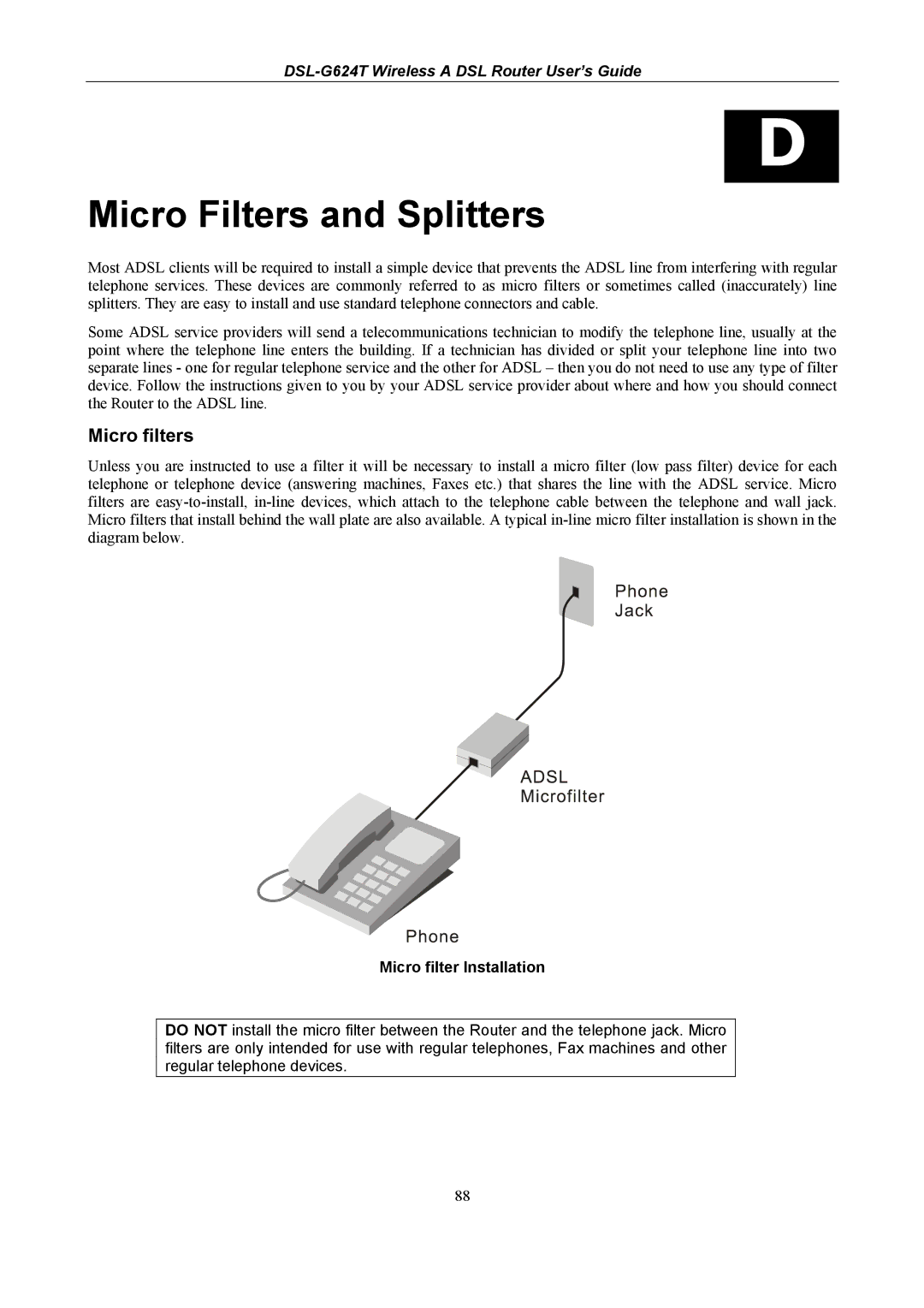 D-Link DSL-G624T, D-Link Wireless ADSL Router manual Micro Filters and Splitters, Micro filters, Micro filter Installation 