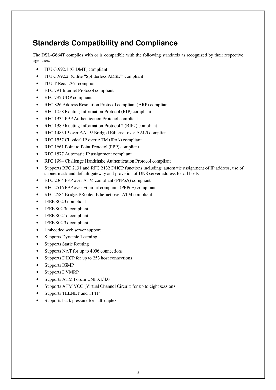 D-Link DSL-G664T manual Standards Compatibility and Compliance 