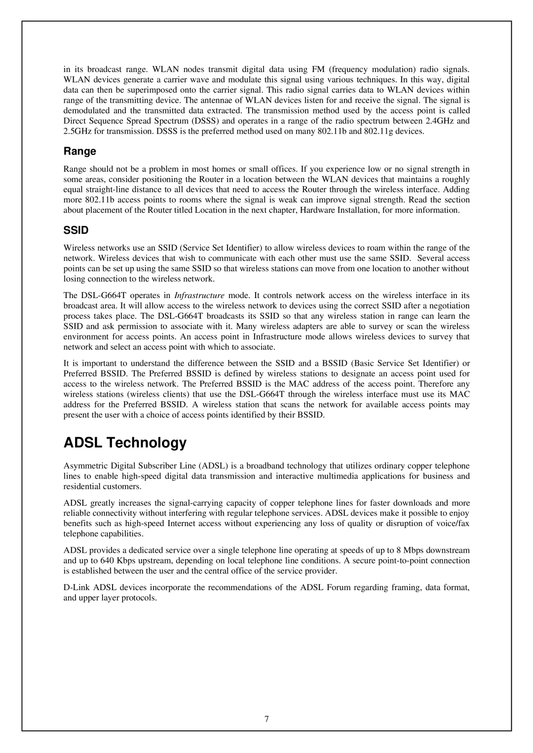 D-Link DSL-G664T manual Adsl Technology, Range 