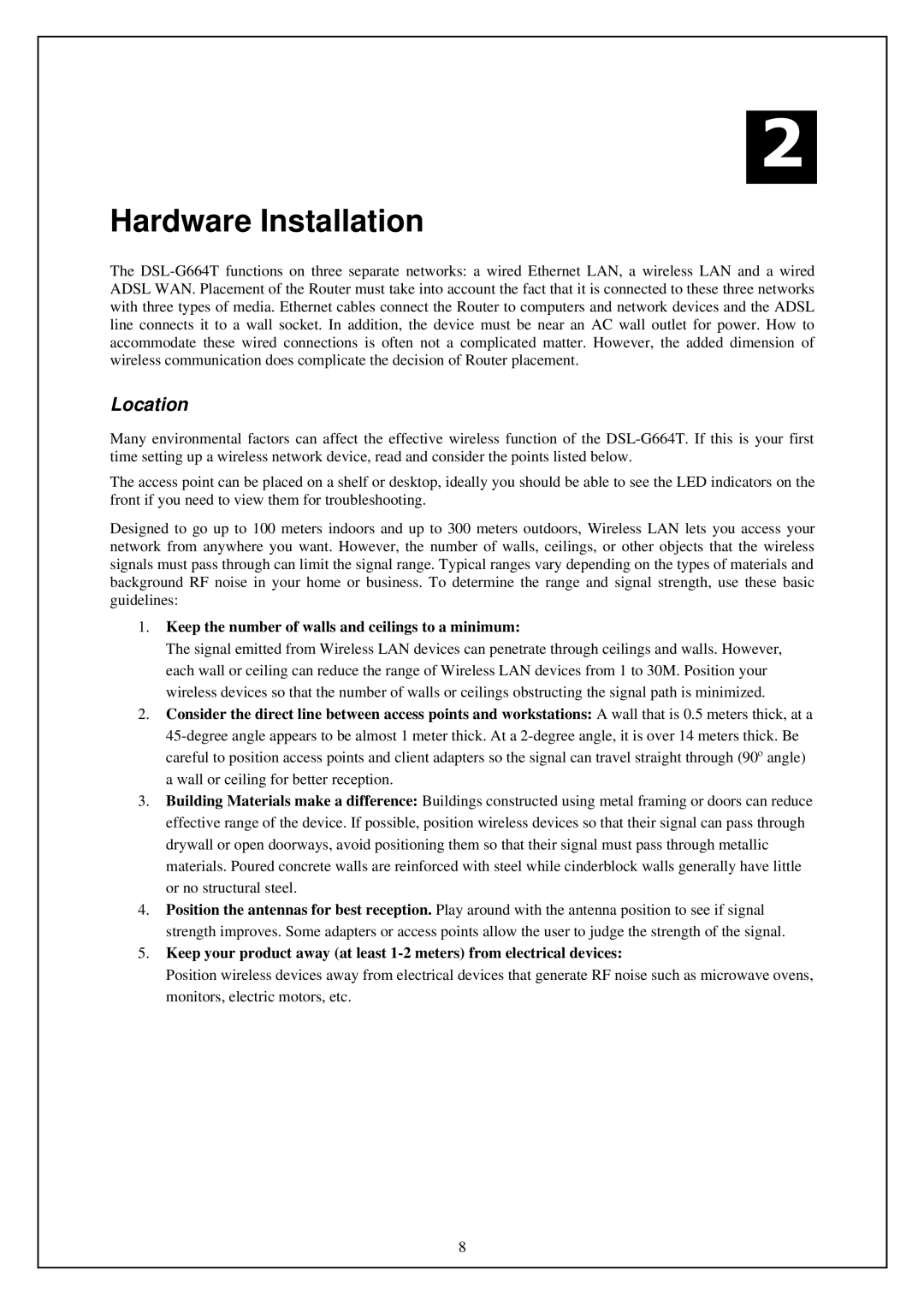 D-Link DSL-G664T manual Hardware Installation, Location 