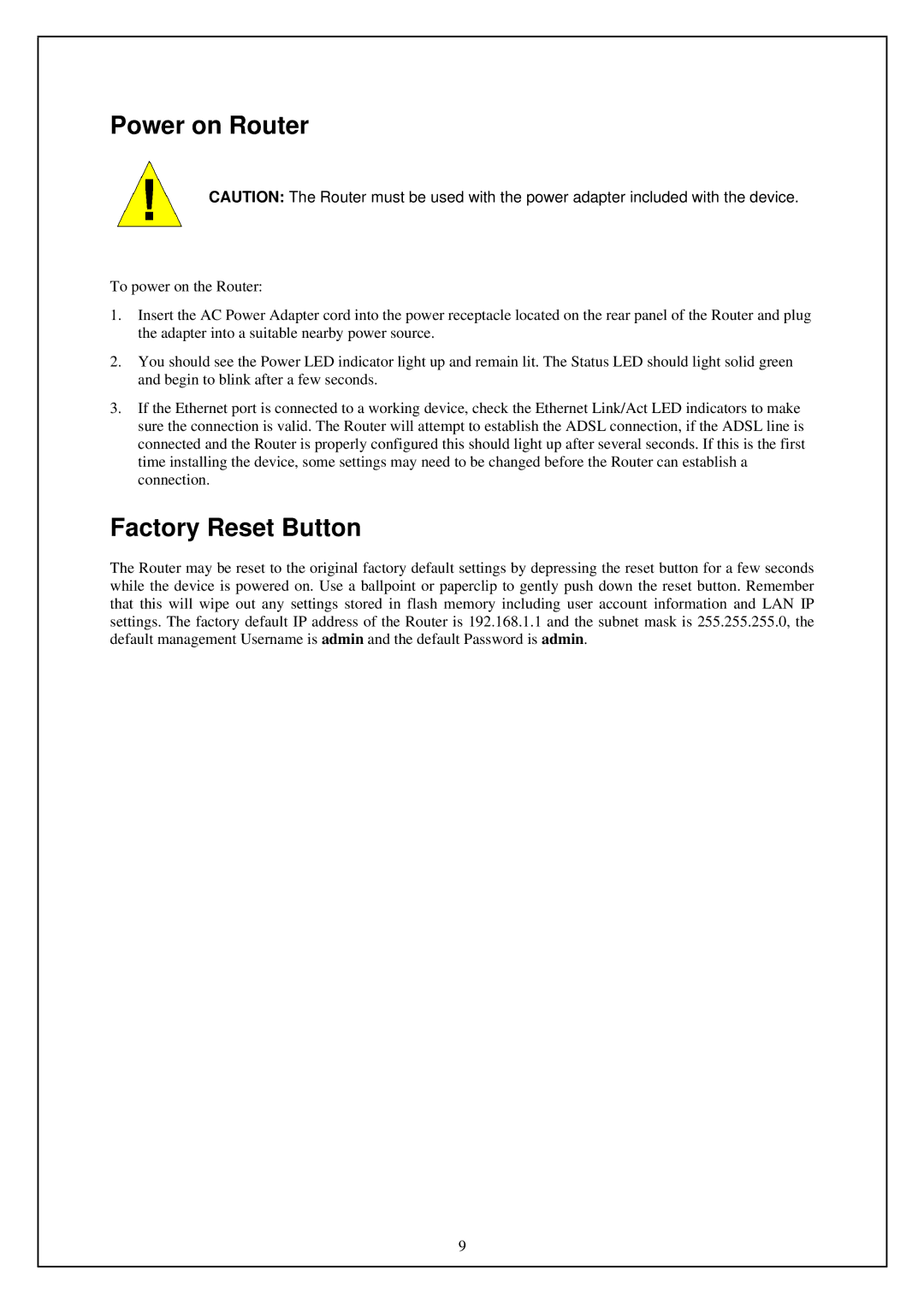 D-Link DSL-G664T manual Power on Router, Factory Reset Button 