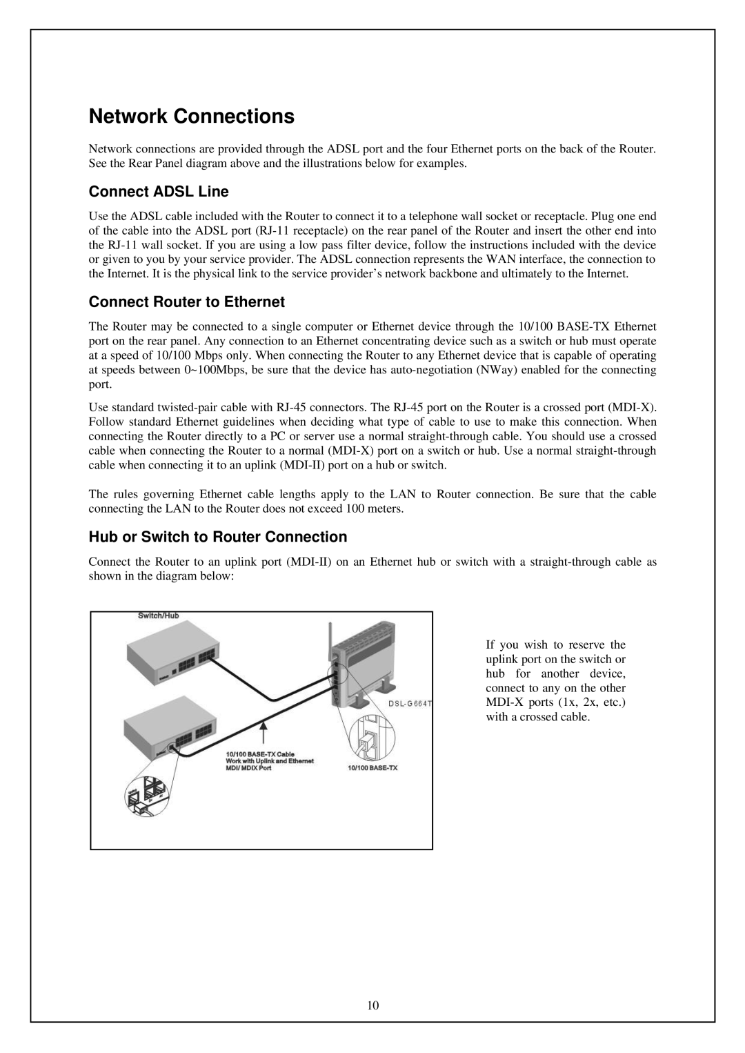 D-Link DSL-G664T Network Connections, Connect Adsl Line, Connect Router to Ethernet, Hub or Switch to Router Connection 