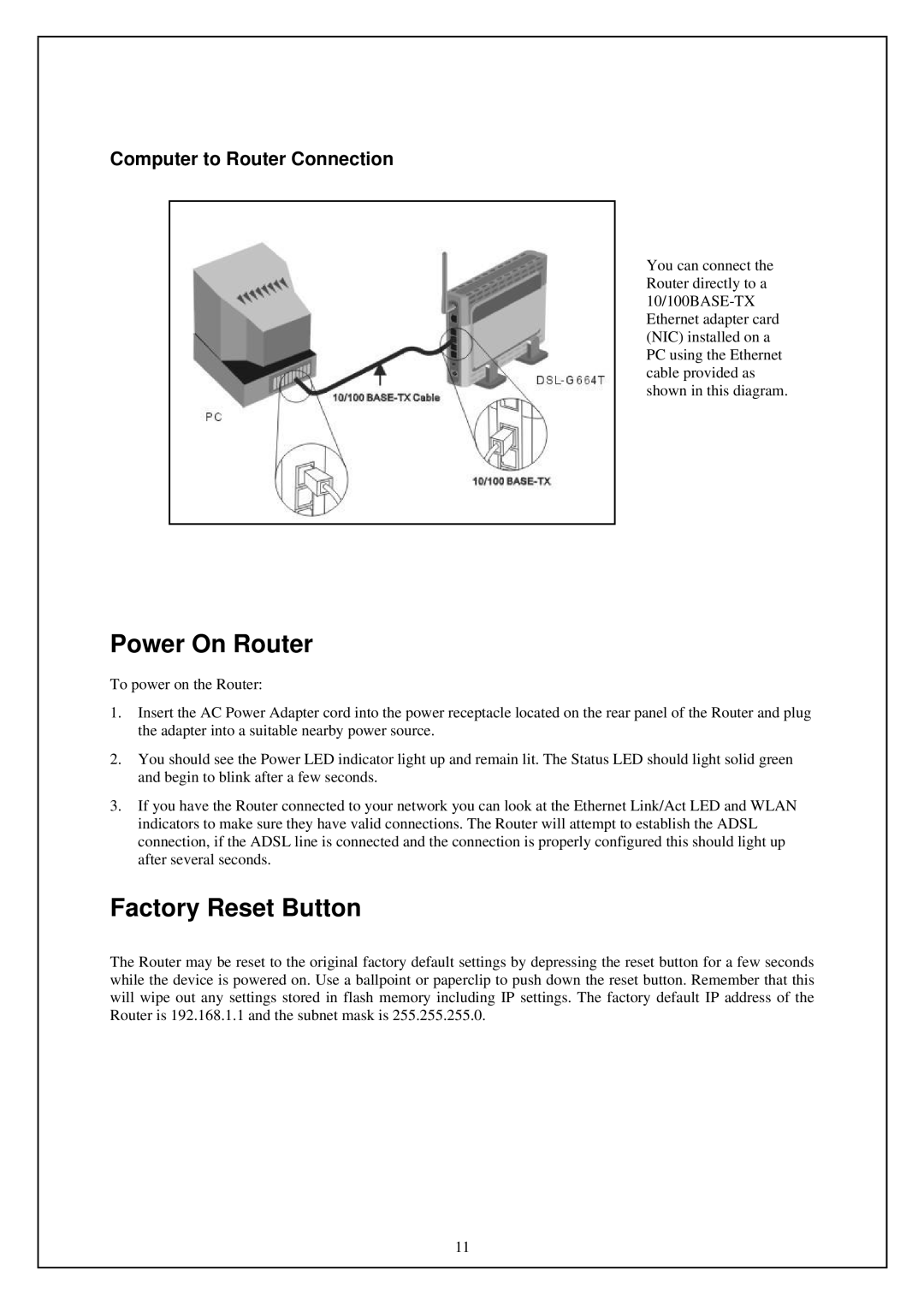 D-Link DSL-G664T manual Computer to Router Connection 