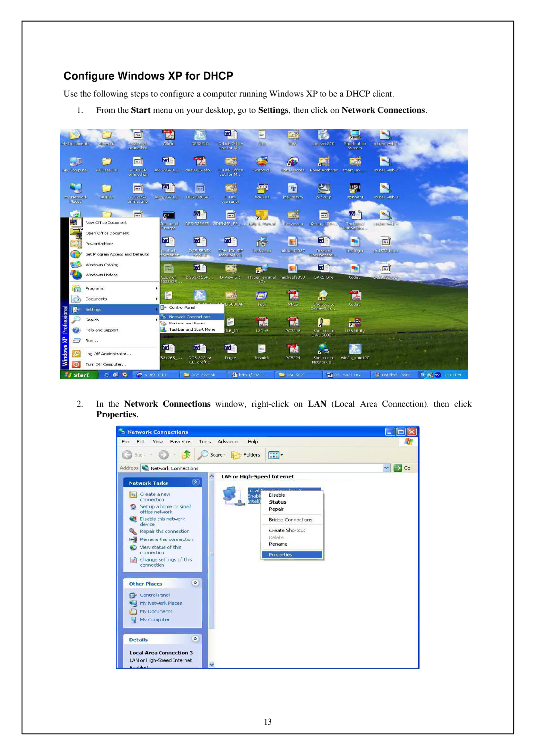 D-Link DSL-G664T manual Configure Windows XP for Dhcp 