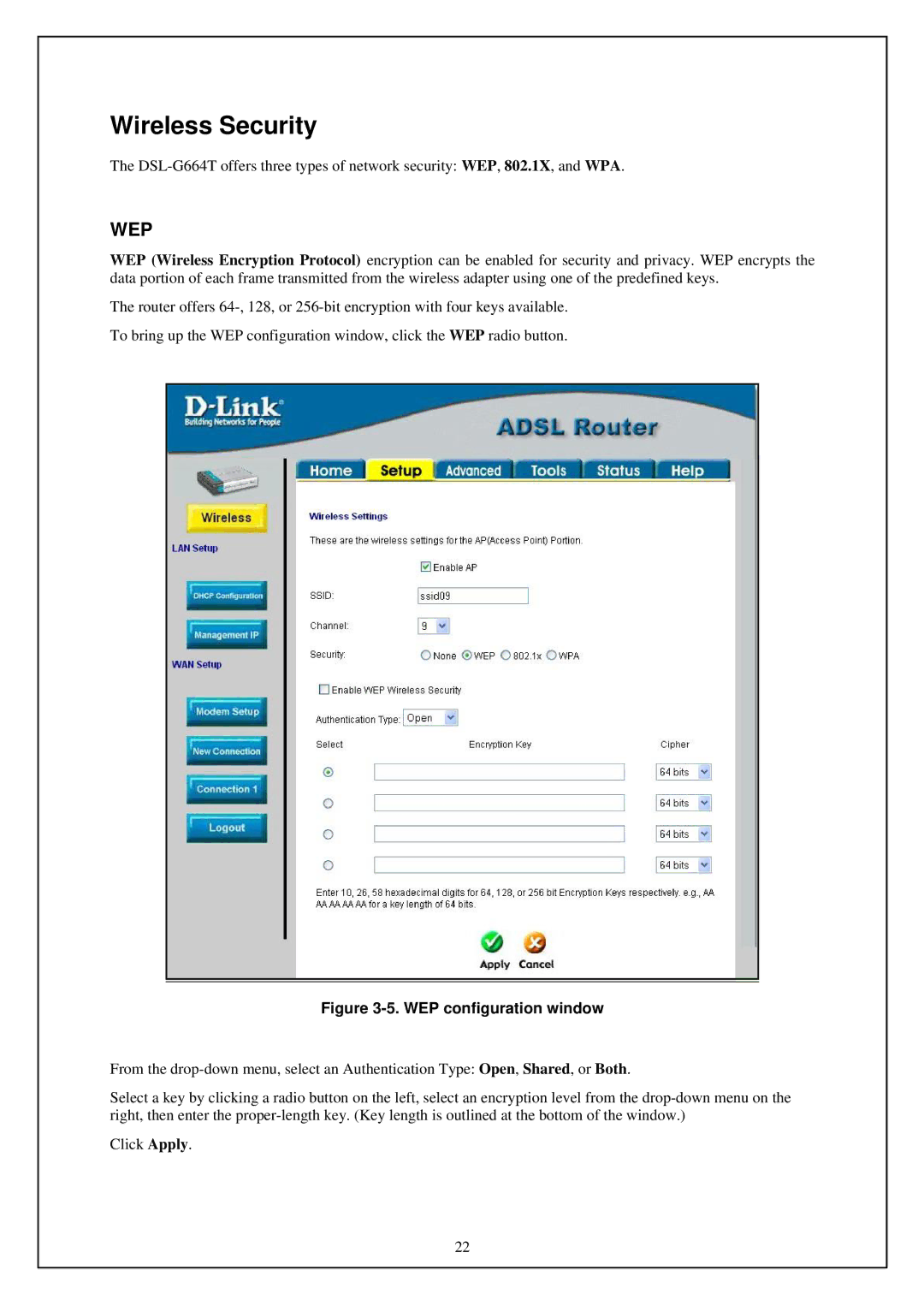 D-Link DSL-G664T manual Wireless Security, WEP configuration window 