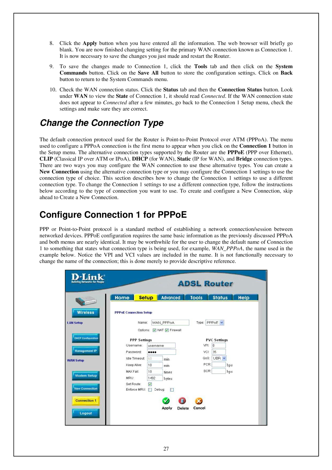 D-Link DSL-G664T manual Change the Connection Type, Configure Connection 1 for PPPoE 