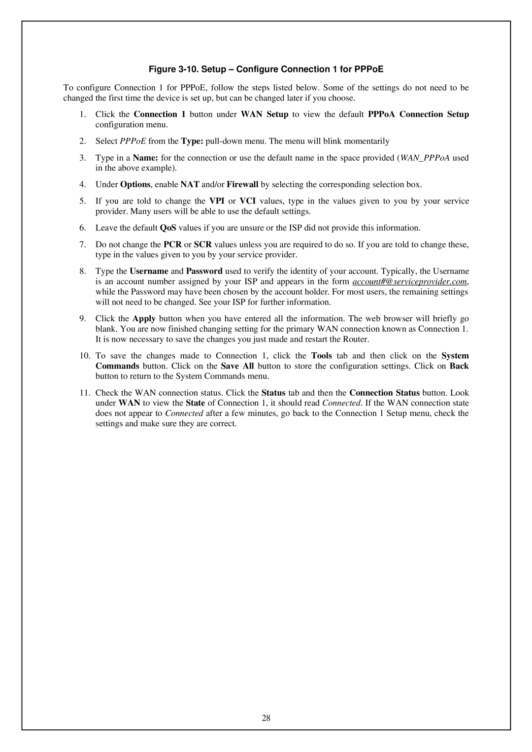 D-Link DSL-G664T manual Setup Configure Connection 1 for PPPoE 