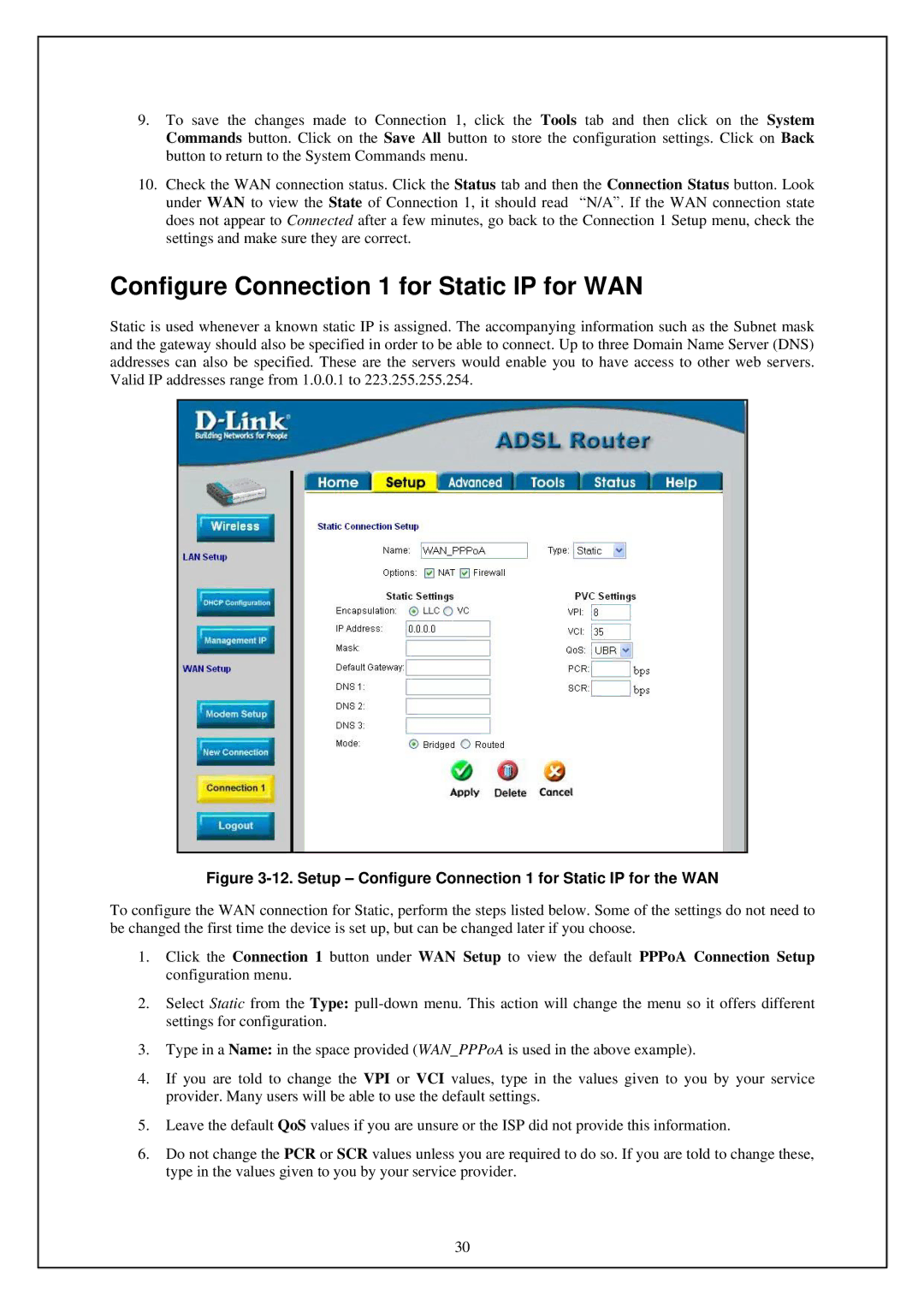 D-Link DSL-G664T Configure Connection 1 for Static IP for WAN, Setup Configure Connection 1 for Static IP for the WAN 