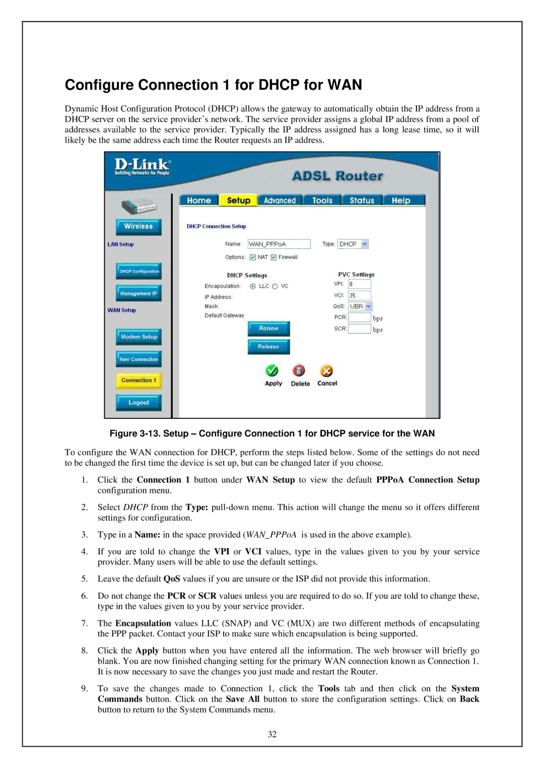 D-Link DSL-G664T manual Configure Connection 1 for Dhcp for WAN 