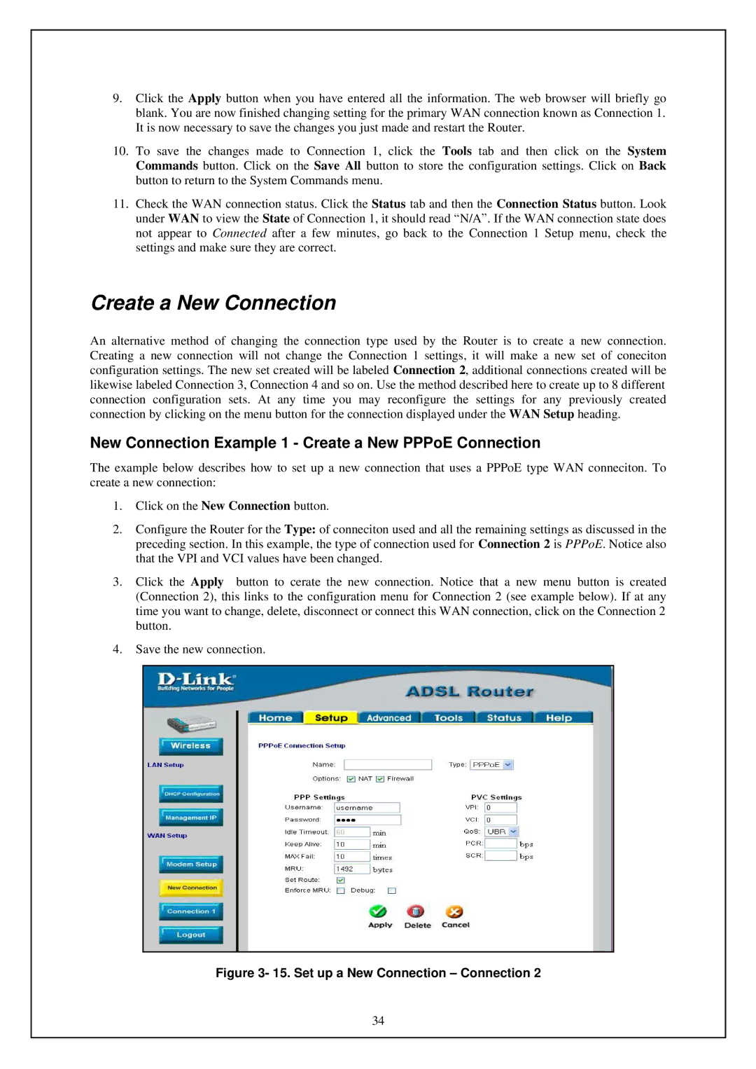 D-Link DSL-G664T manual Create a New Connection, New Connection Example 1 Create a New PPPoE Connection 