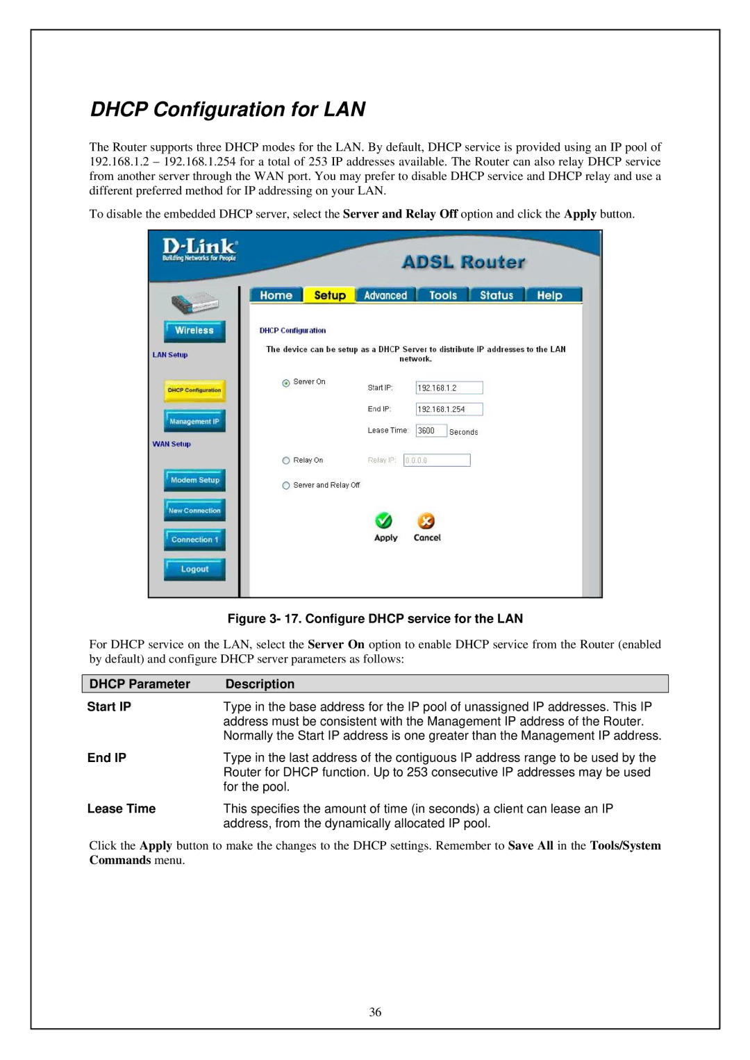 D-Link DSL-G664T manual Dhcp Configuration for LAN, Dhcp Parameter Description Start IP, End IP, Lease Time 