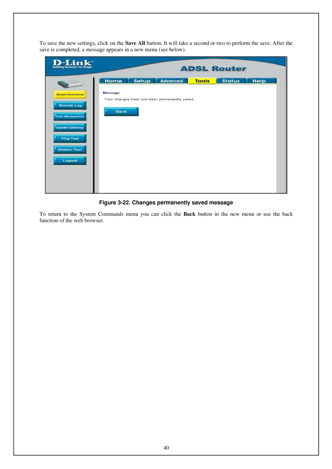 D-Link DSL-G664T manual Changes permanently saved message 