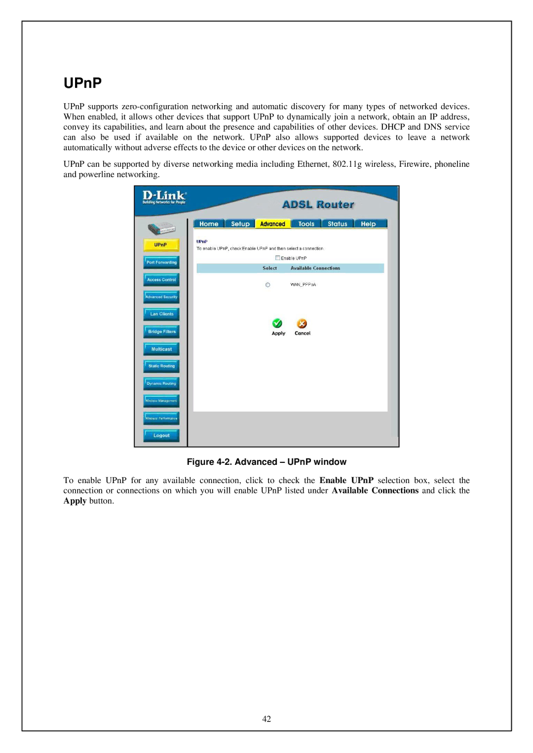 D-Link DSL-G664T manual Advanced UPnP window 