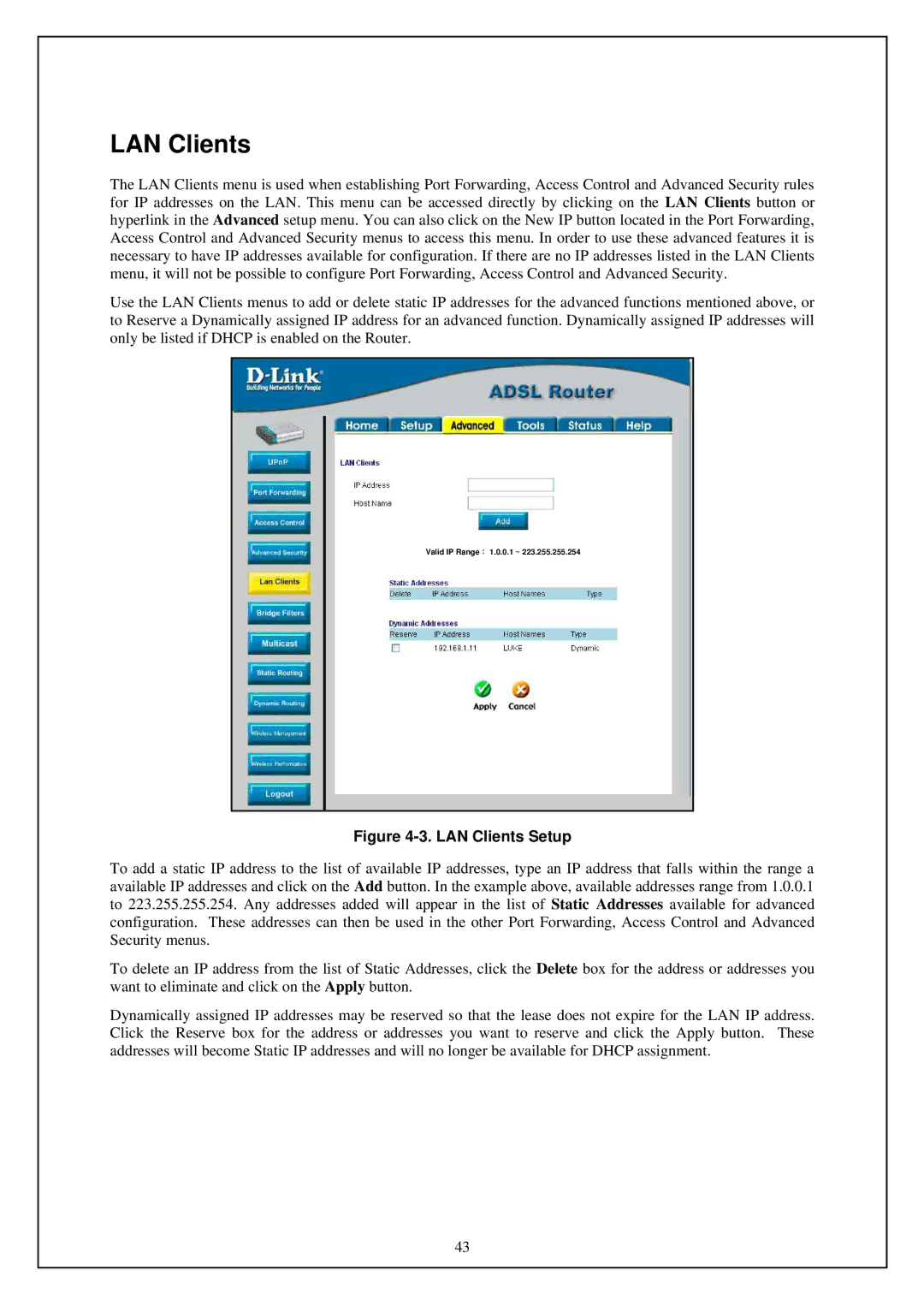 D-Link DSL-G664T manual LAN Clients Setup 