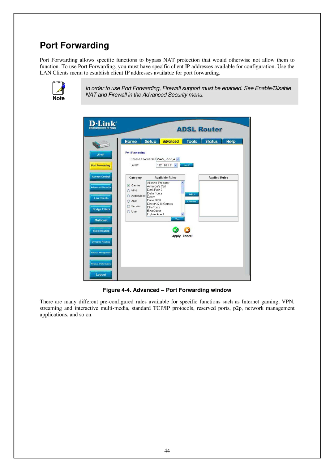 D-Link DSL-G664T manual Advanced Port Forwarding window 