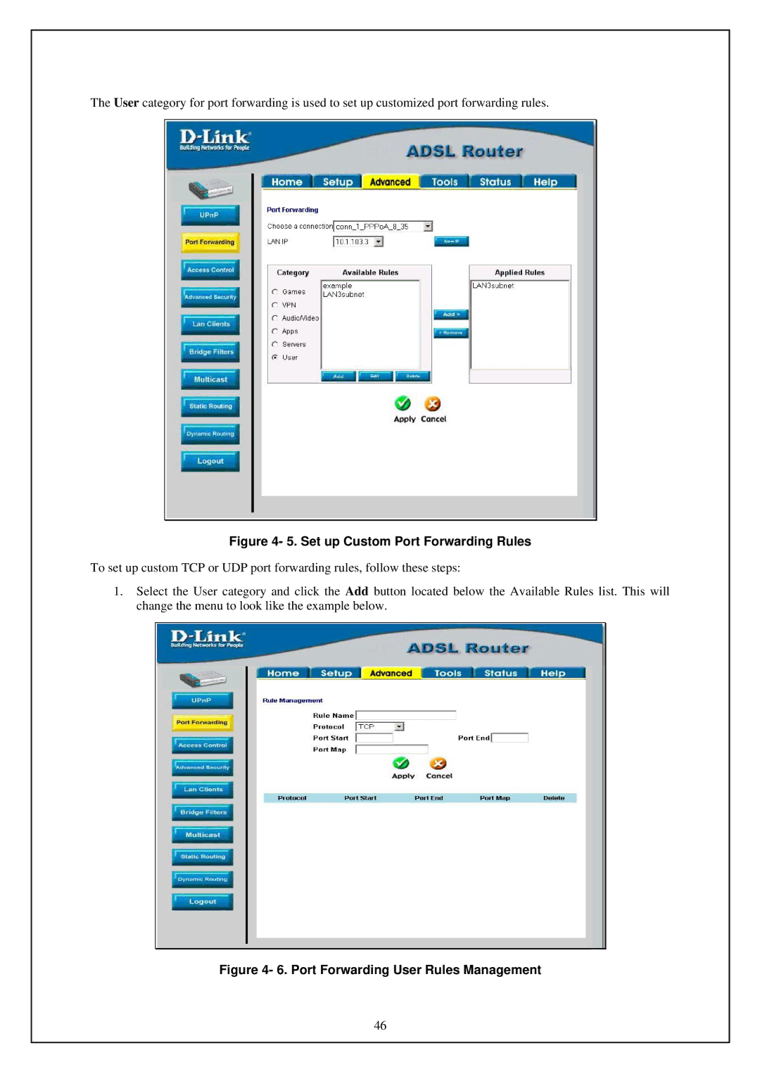 D-Link DSL-G664T manual Set up Custom Port Forwarding Rules 