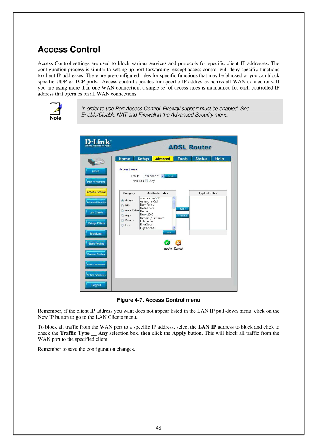 D-Link DSL-G664T manual Access Control menu 