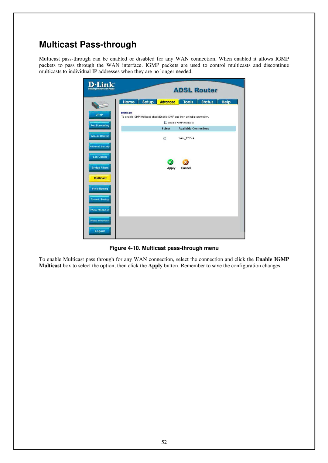 D-Link DSL-G664T manual Multicast Pass-through, Multicast pass-through menu 