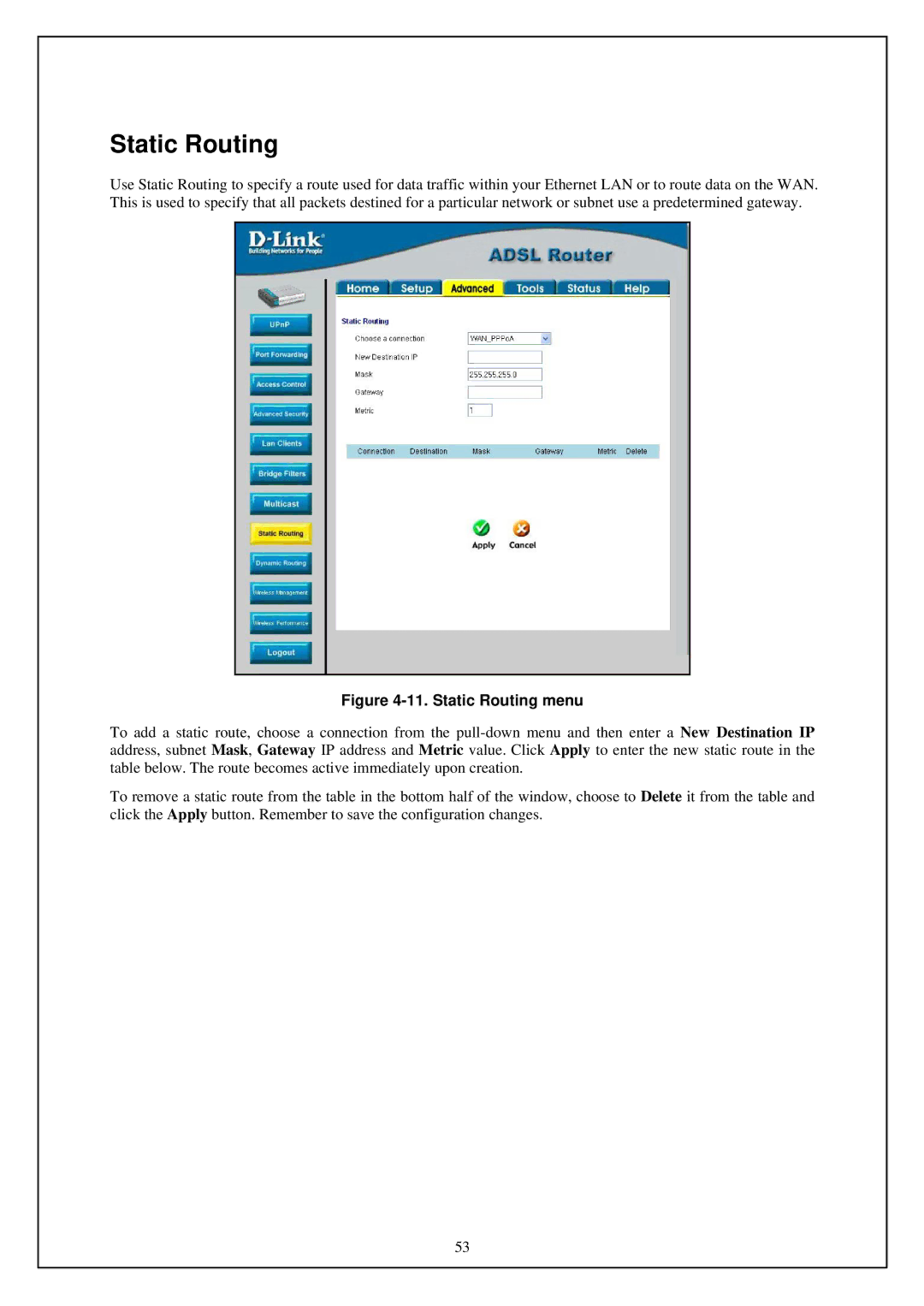 D-Link DSL-G664T manual Static Routing menu 