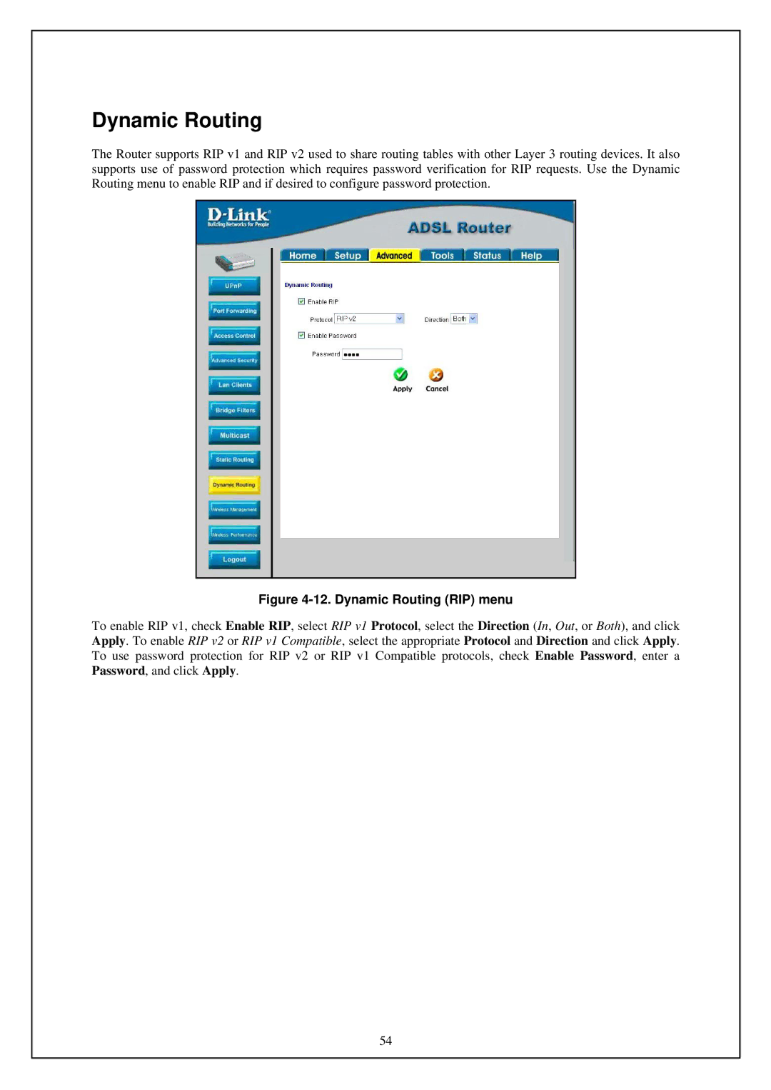 D-Link DSL-G664T manual Dynamic Routing RIP menu 