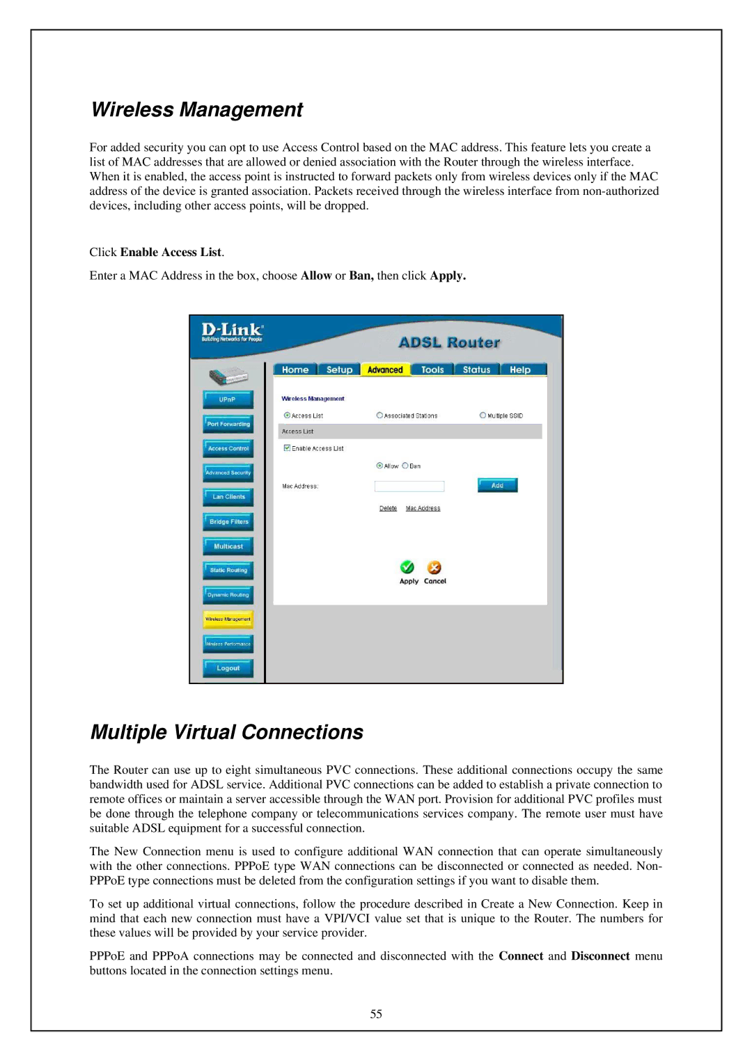 D-Link DSL-G664T manual Wireless Management, Multiple Virtual Connections 