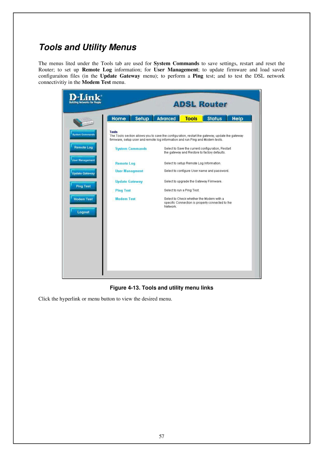 D-Link DSL-G664T manual Tools and Utility Menus, Tools and utility menu links 