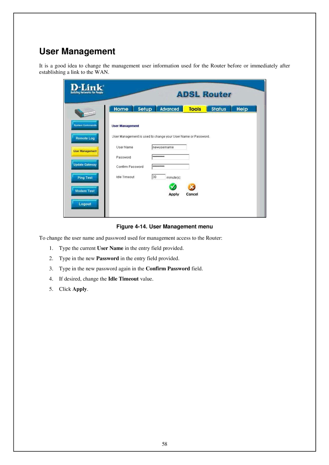 D-Link DSL-G664T manual User Management menu 