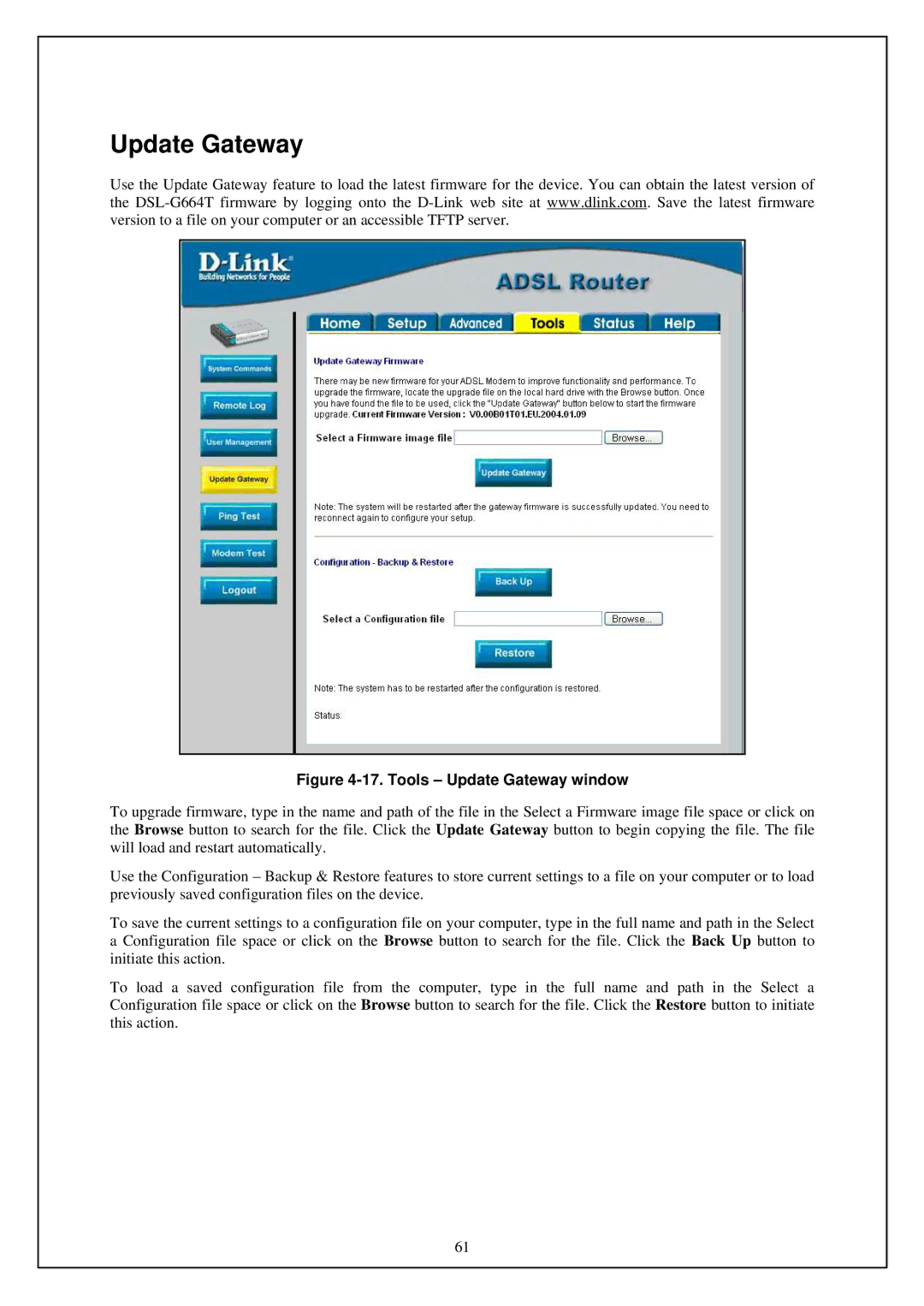 D-Link DSL-G664T manual Tools Update Gateway window 