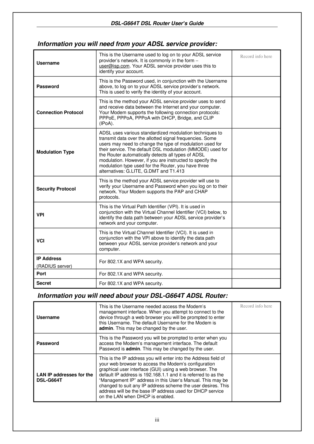 D-Link DSL-G664T manual Information you will need from your Adsl service provider 