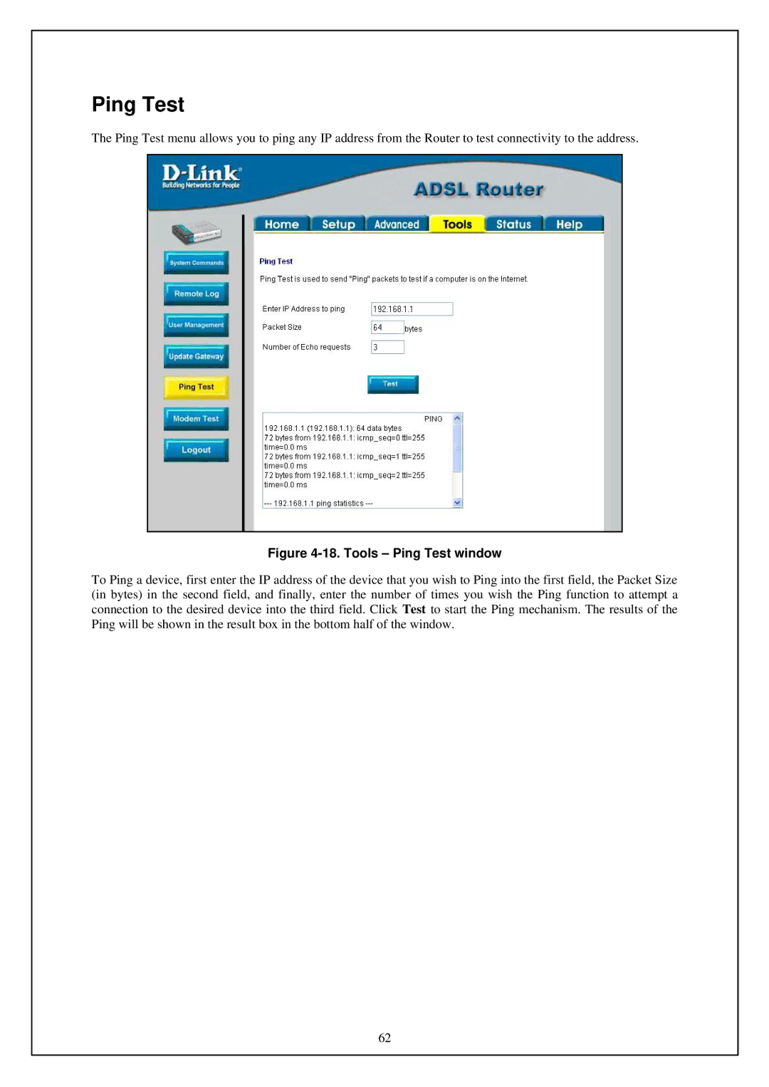 D-Link DSL-G664T manual Tools Ping Test window 