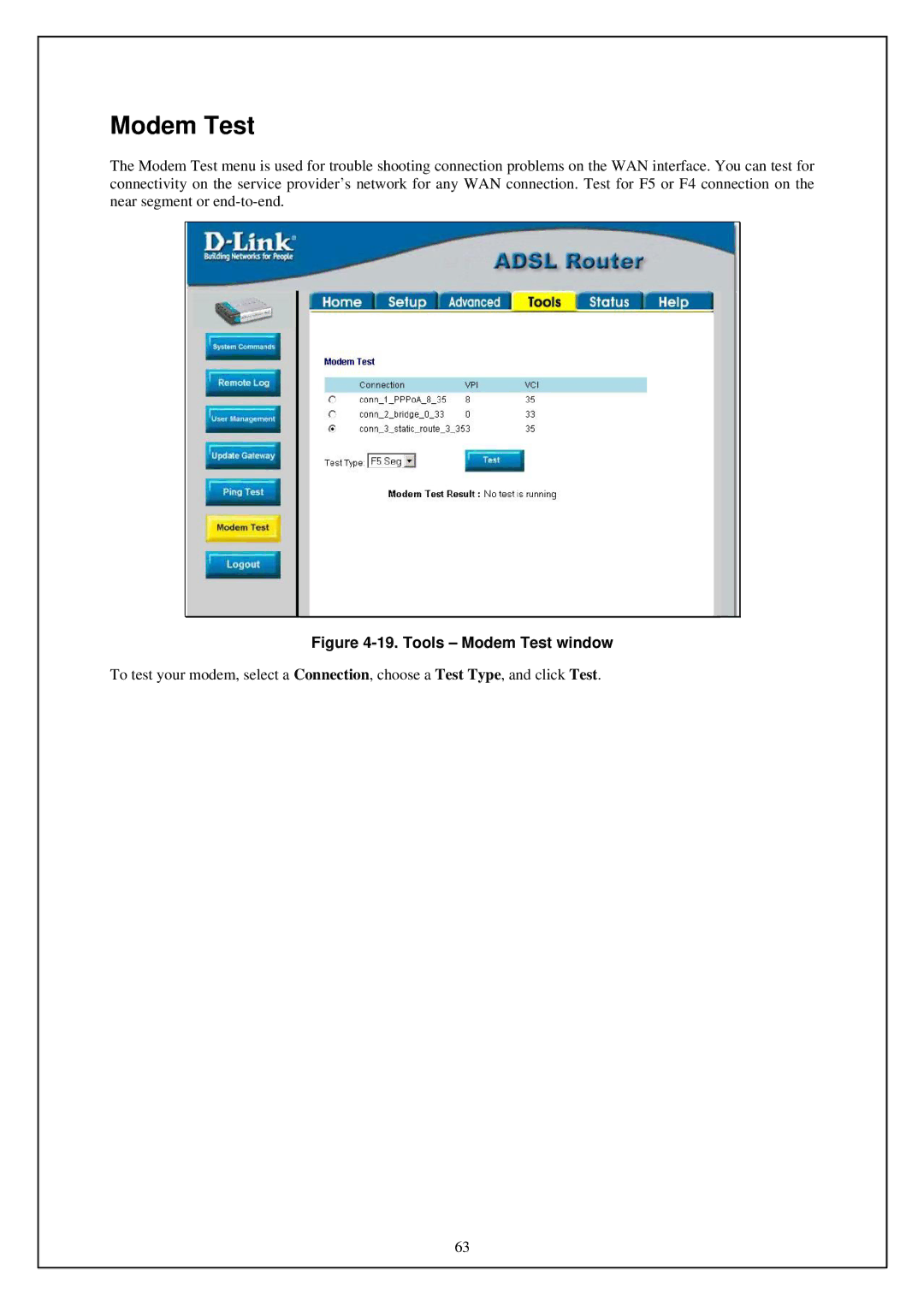 D-Link DSL-G664T manual Tools Modem Test window 