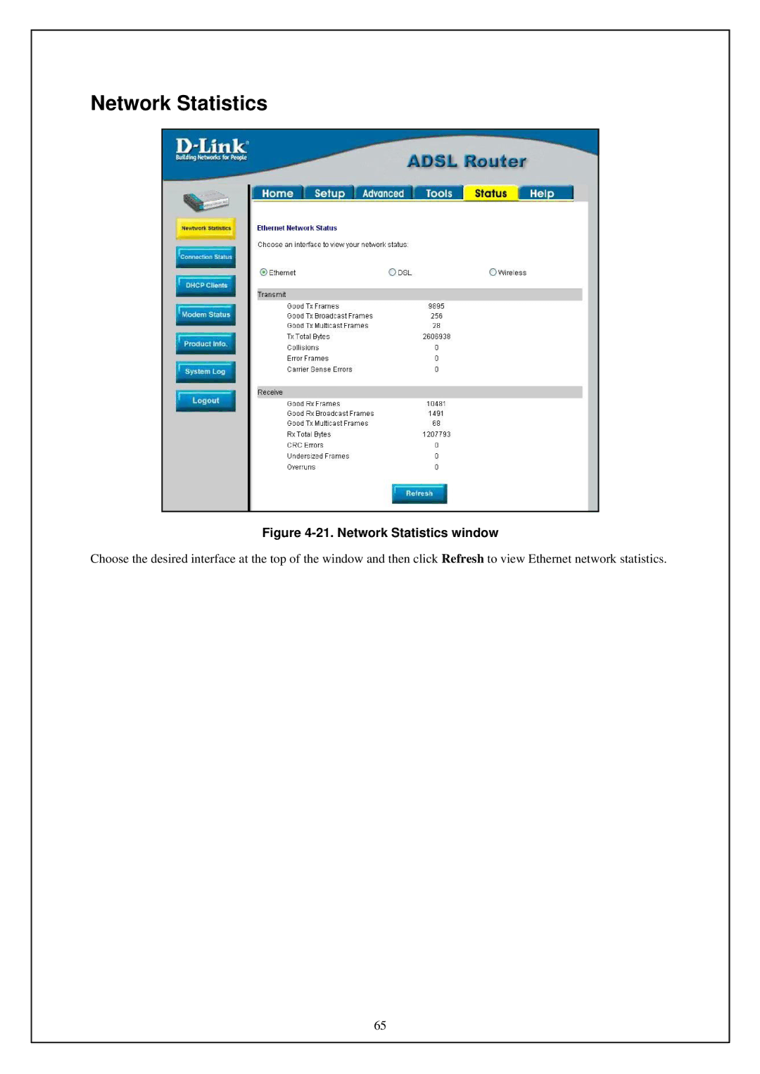 D-Link DSL-G664T manual Network Statistics window 