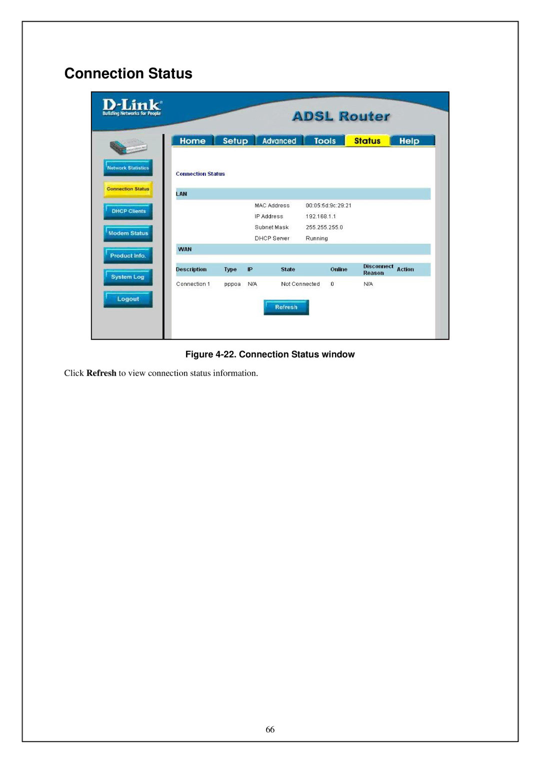 D-Link DSL-G664T manual Connection Status window 