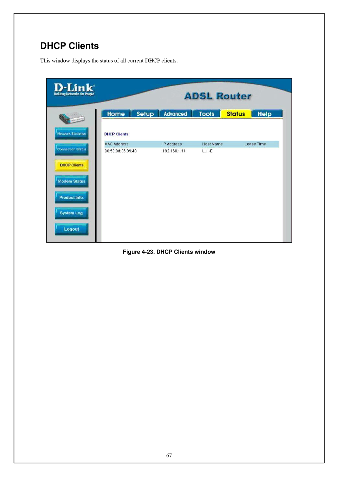 D-Link DSL-G664T manual Dhcp Clients window 