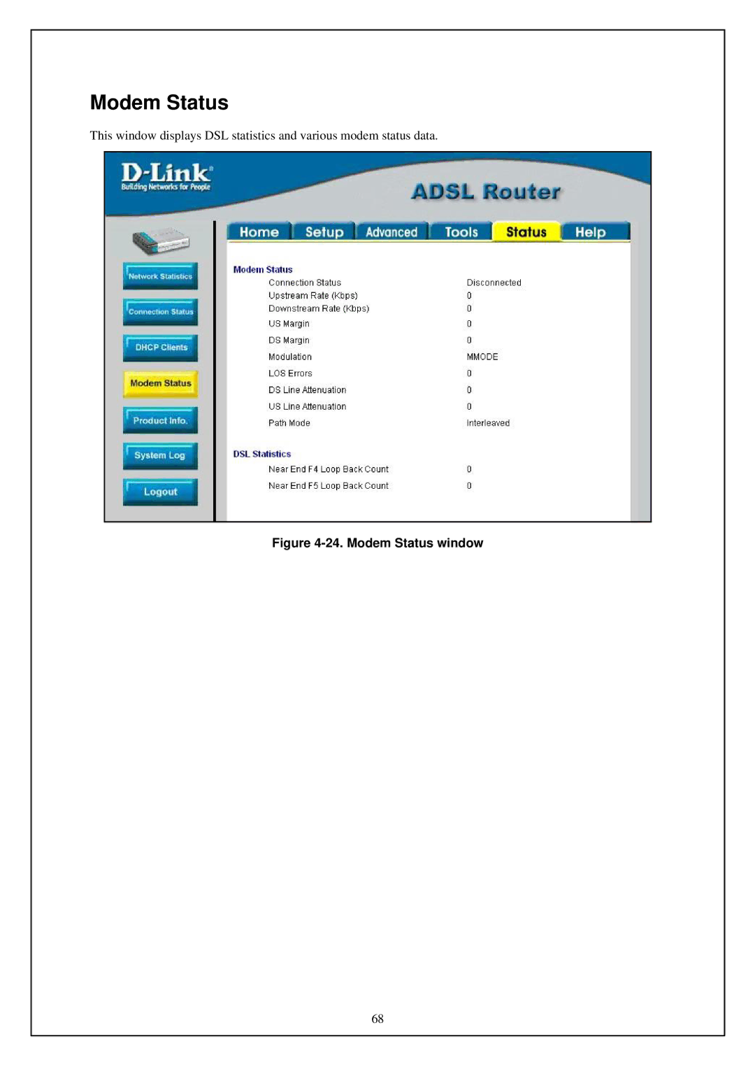 D-Link DSL-G664T manual Modem Status window 