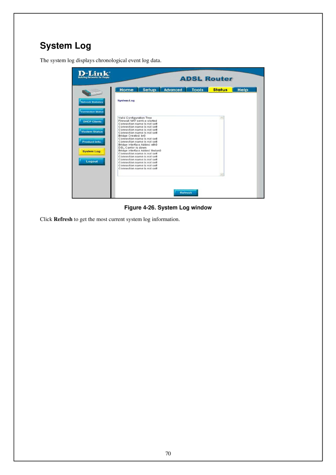 D-Link DSL-G664T manual System Log window 